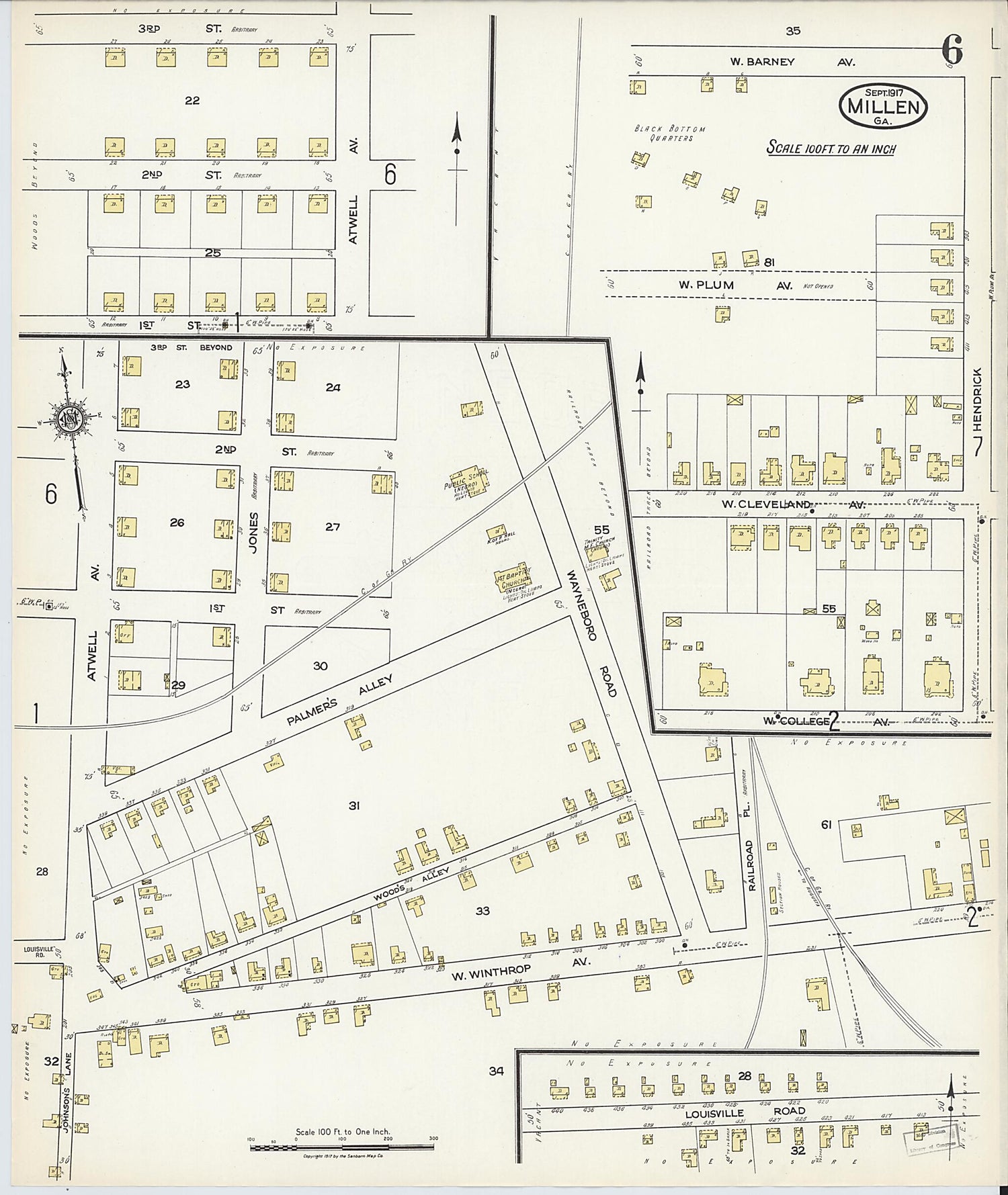 This old map of Millen, Jenkins County, Georgia was created by Sanborn Map Company in 1917