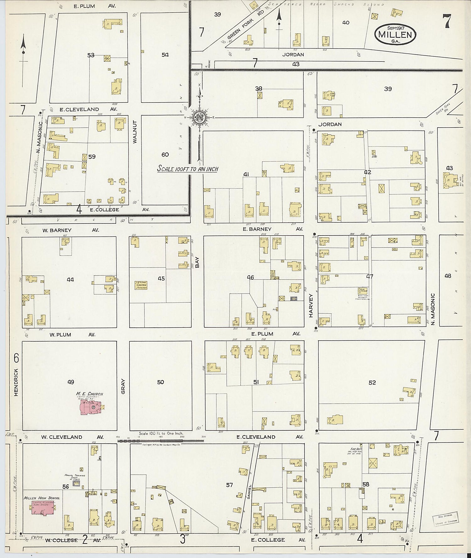 This old map of Millen, Jenkins County, Georgia was created by Sanborn Map Company in 1917