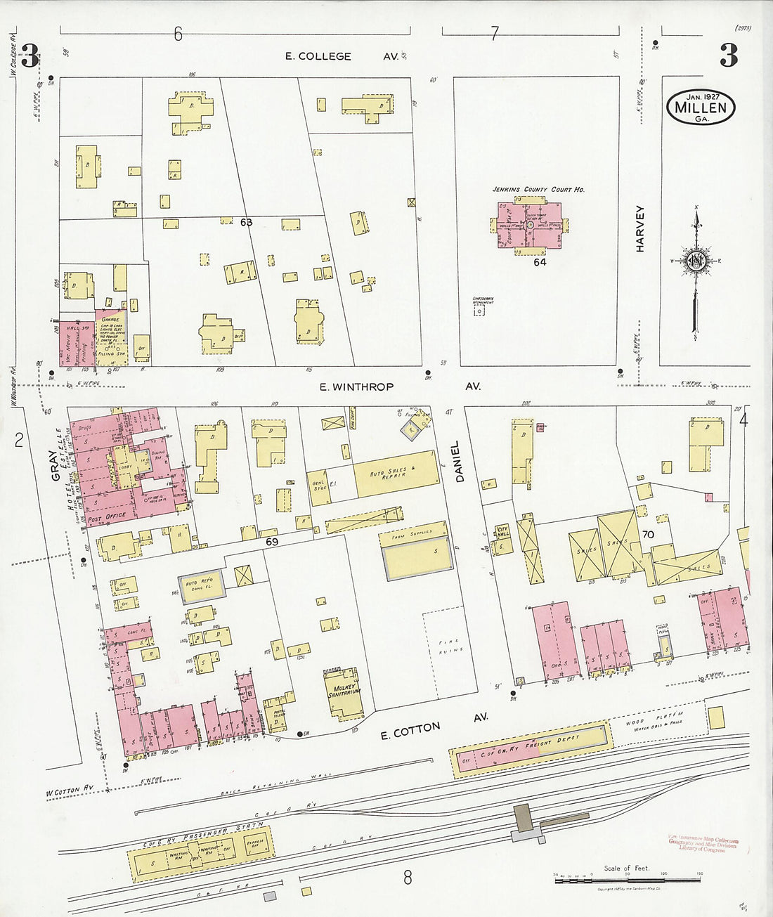 This old map of Millen, Jenkins County, Georgia was created by Sanborn Map Company in 1927