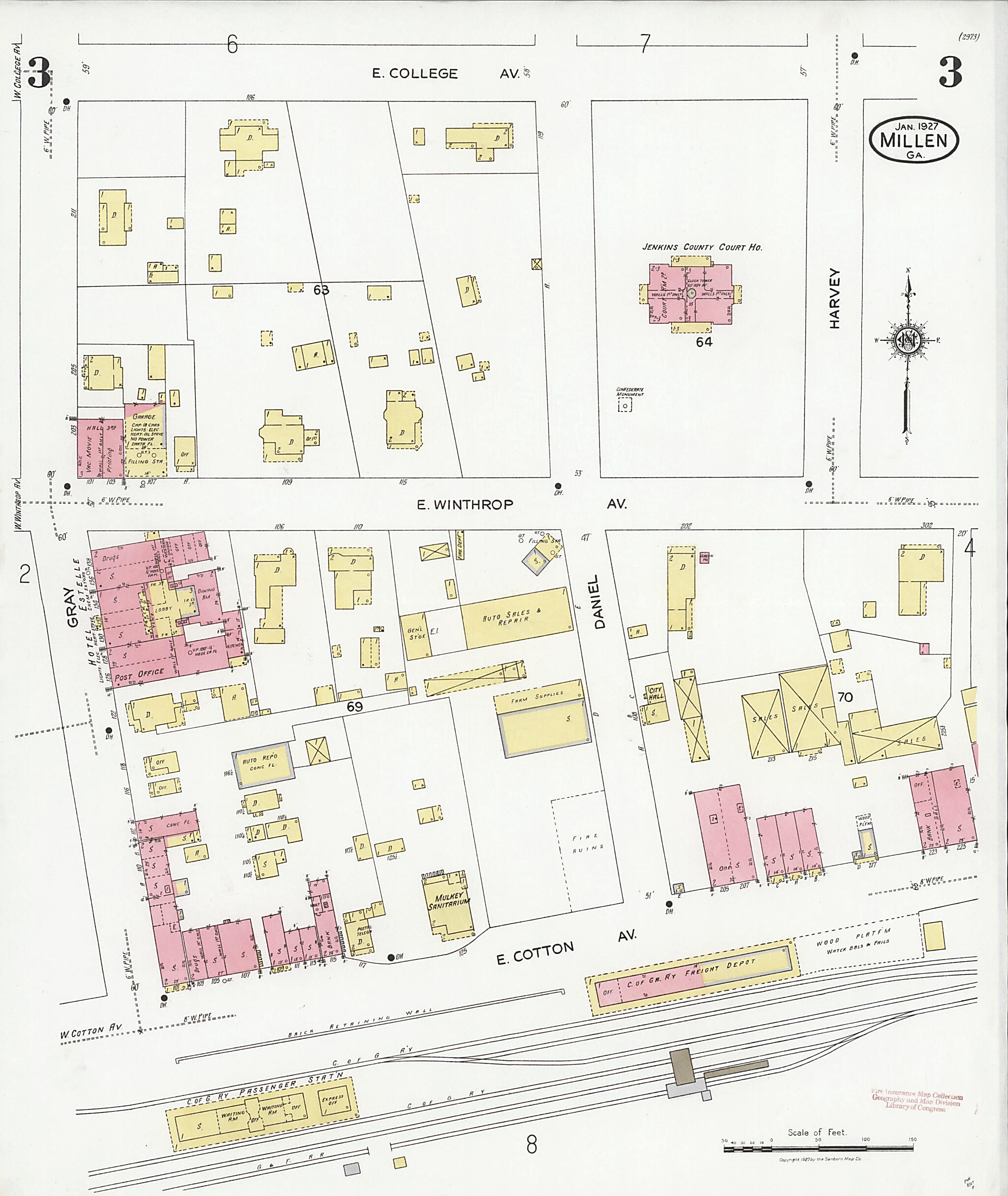 This old map of Millen, Jenkins County, Georgia was created by Sanborn Map Company in 1927