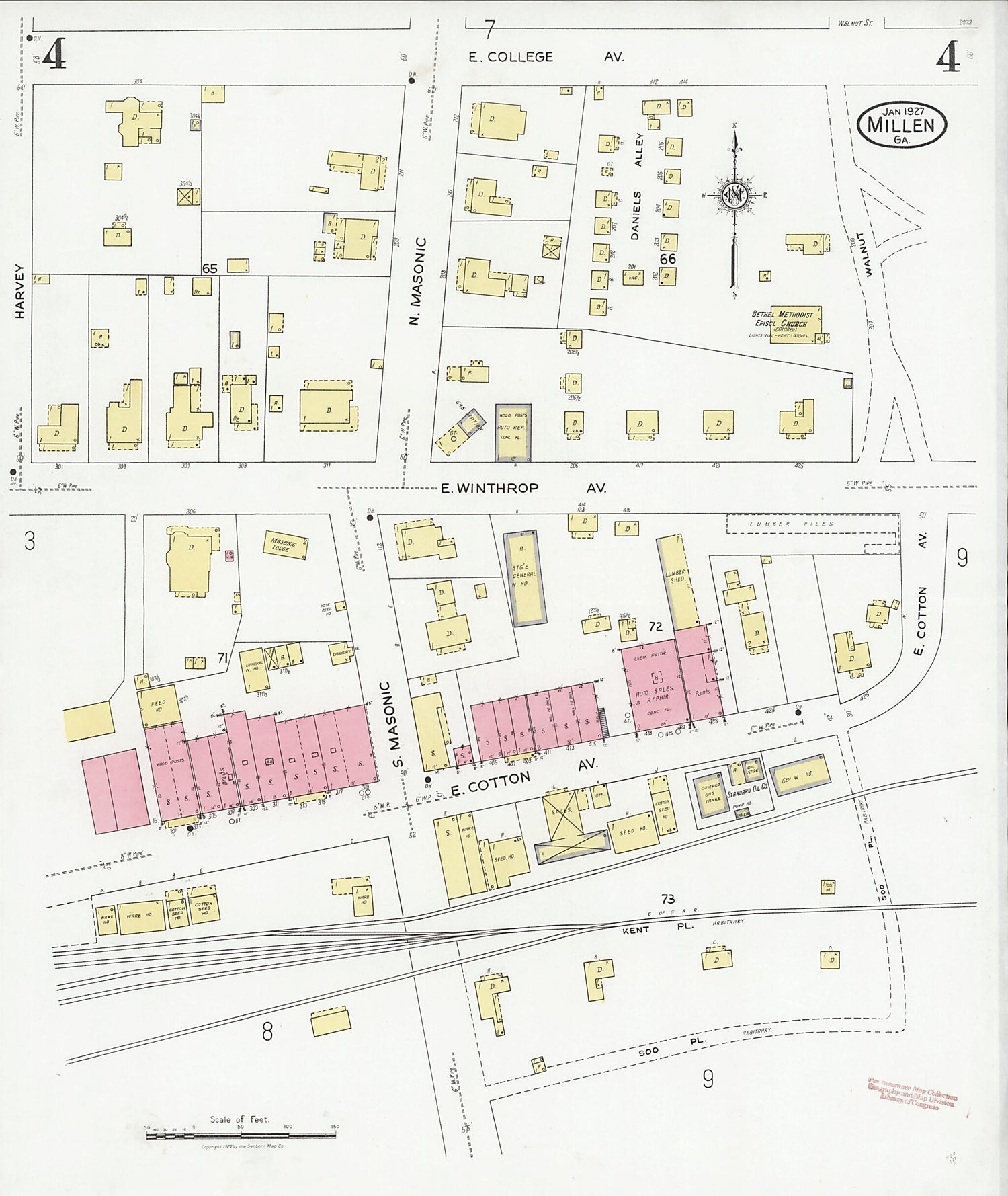 This old map of Millen, Jenkins County, Georgia was created by Sanborn Map Company in 1927