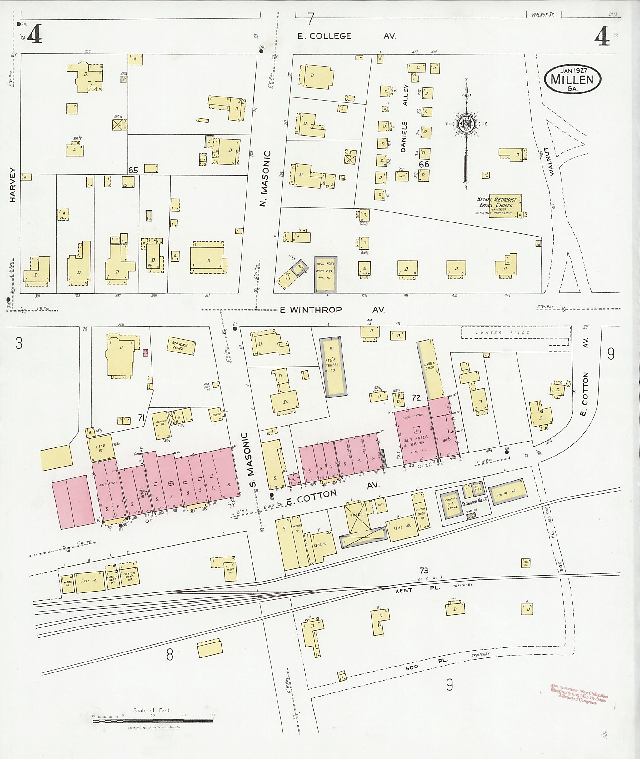 This old map of Millen, Jenkins County, Georgia was created by Sanborn Map Company in 1927