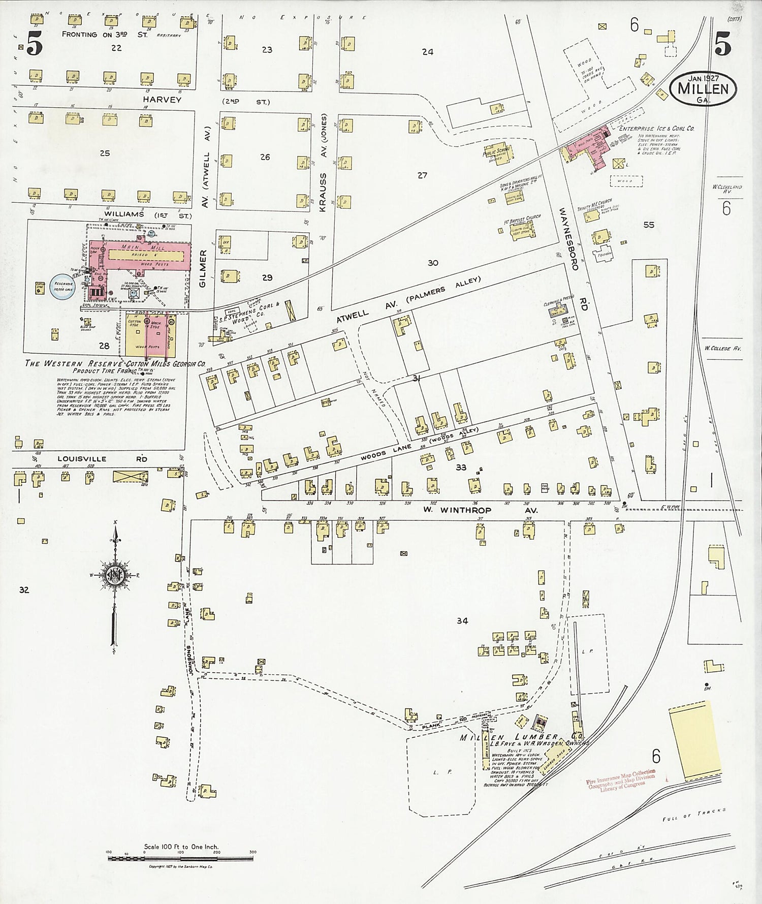 This old map of Millen, Jenkins County, Georgia was created by Sanborn Map Company in 1927