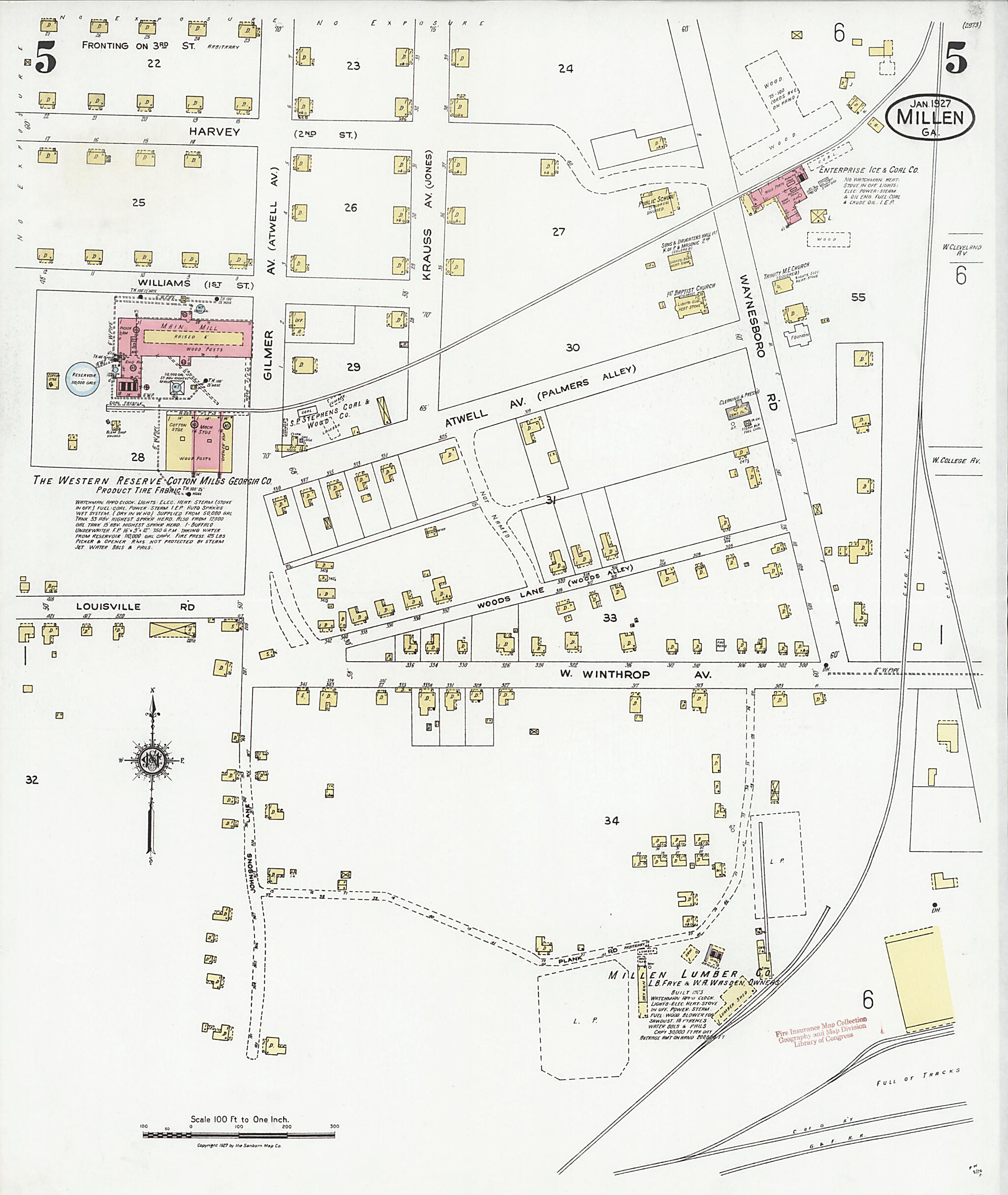 This old map of Millen, Jenkins County, Georgia was created by Sanborn Map Company in 1927
