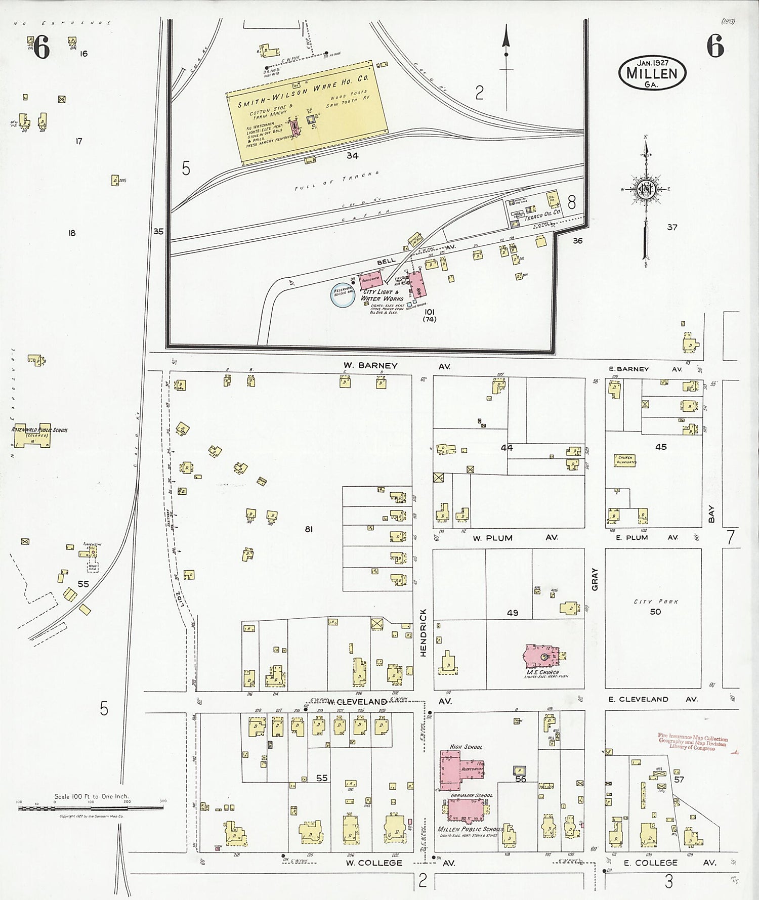 This old map of Millen, Jenkins County, Georgia was created by Sanborn Map Company in 1927