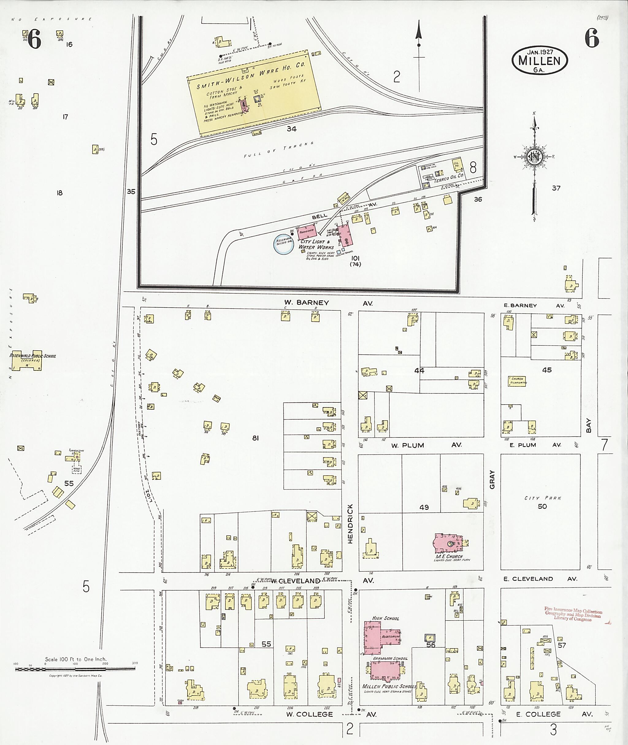 This old map of Millen, Jenkins County, Georgia was created by Sanborn Map Company in 1927
