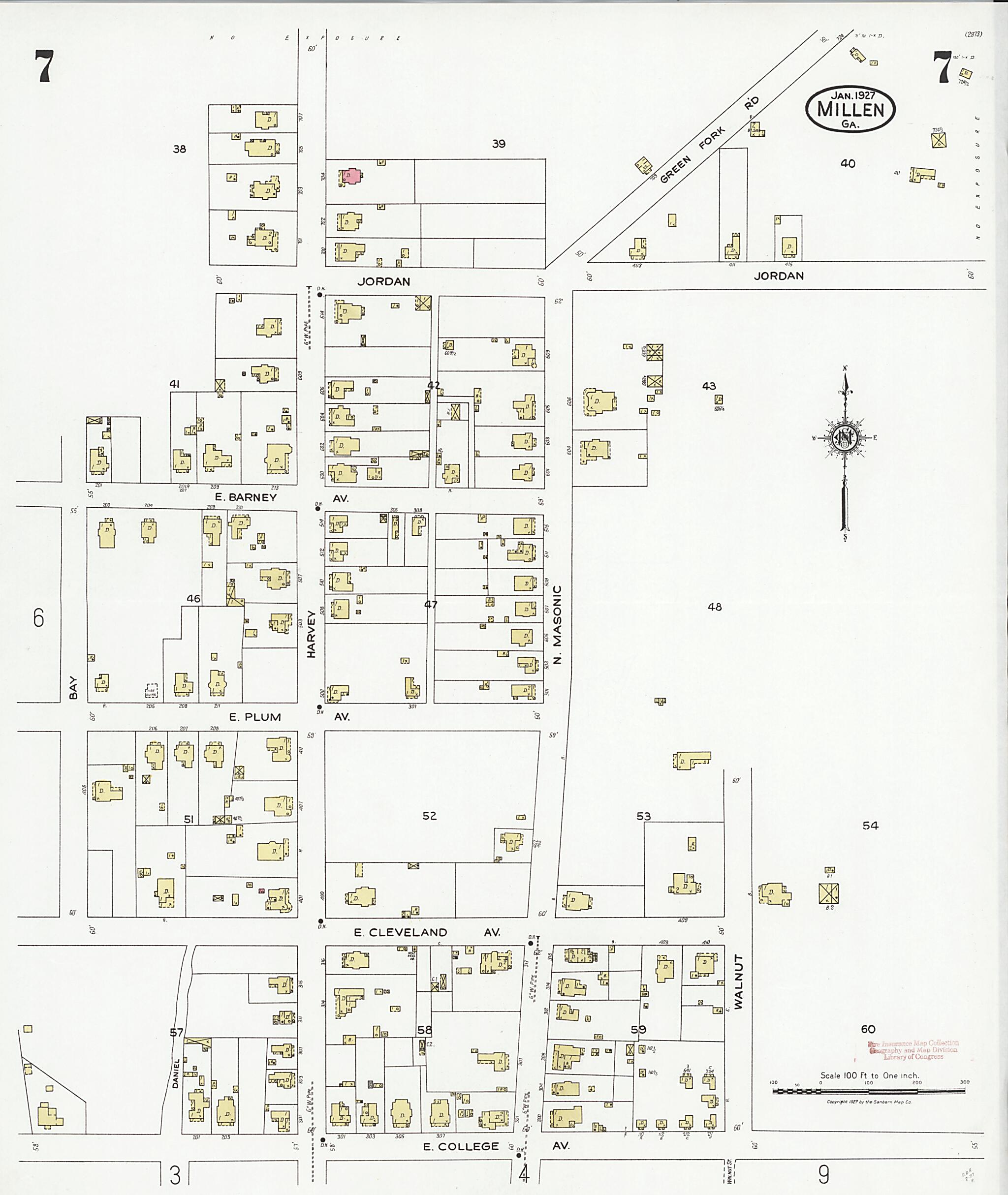 This old map of Millen, Jenkins County, Georgia was created by Sanborn Map Company in 1927