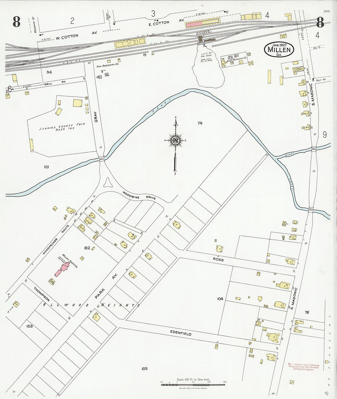 This old map of Millen, Jenkins County, Georgia was created by Sanborn Map Company in 1927