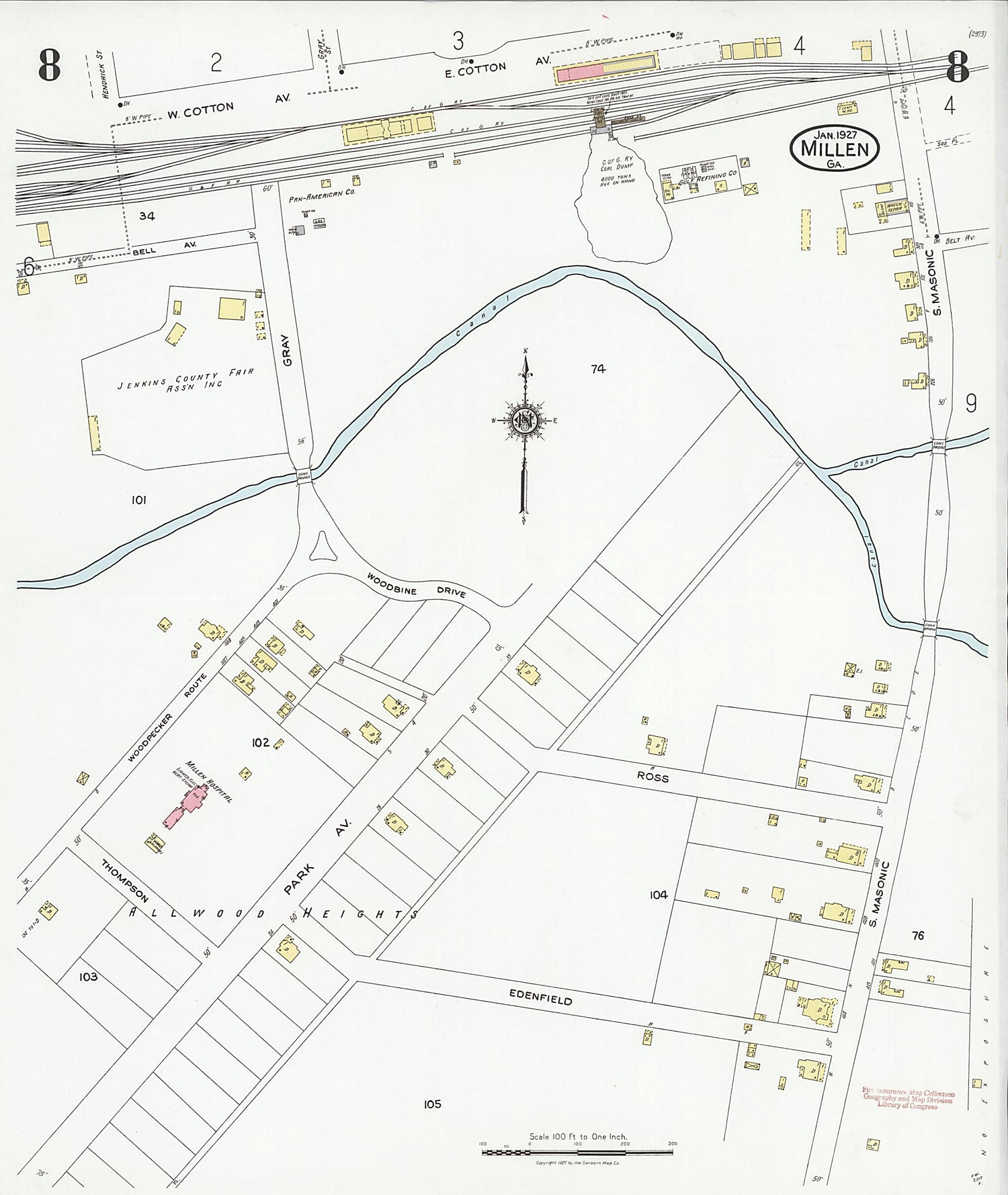 This old map of Millen, Jenkins County, Georgia was created by Sanborn Map Company in 1927