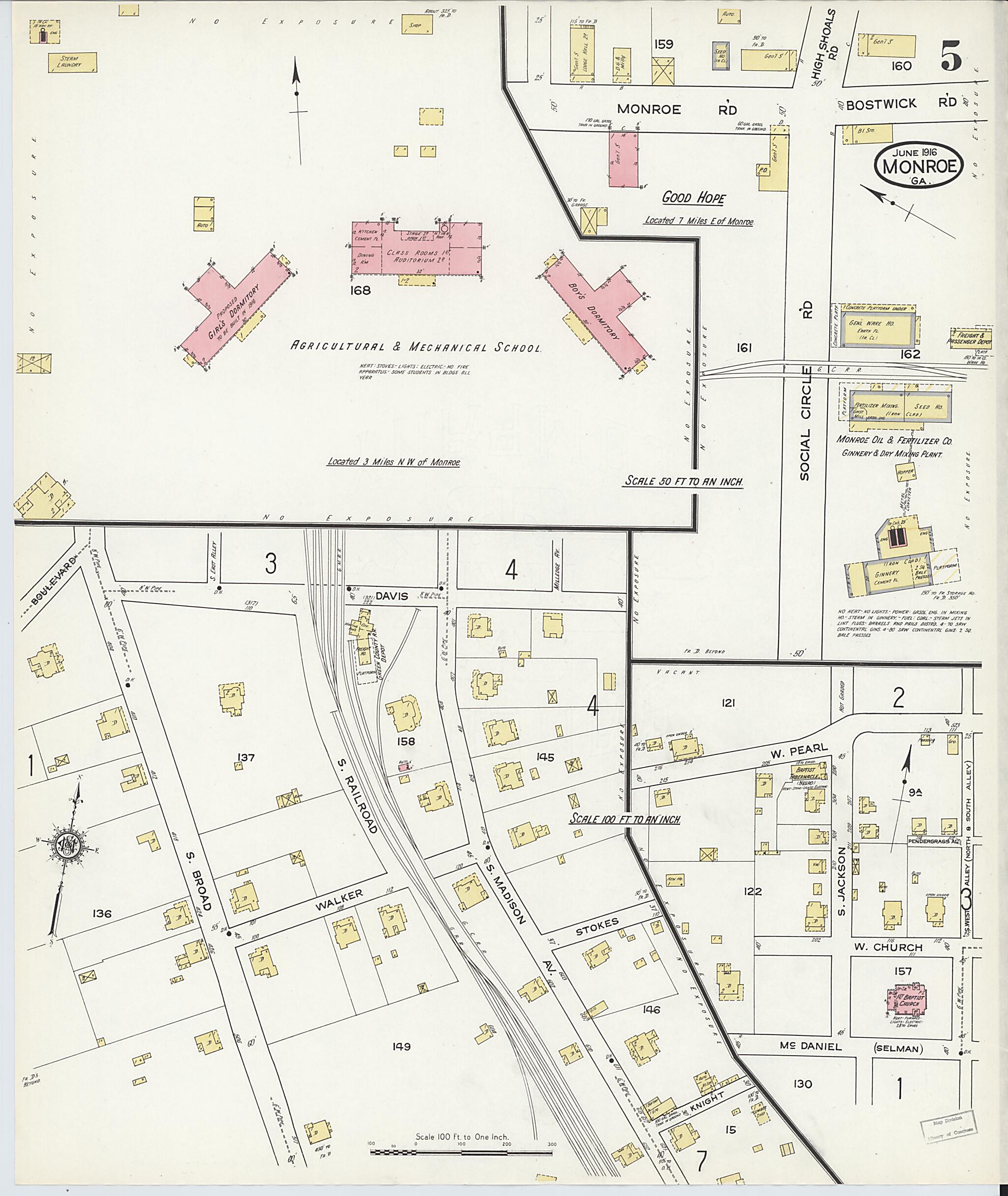 This old map of Monroe, Walton County, Georgia was created by Sanborn Map Company in 1916