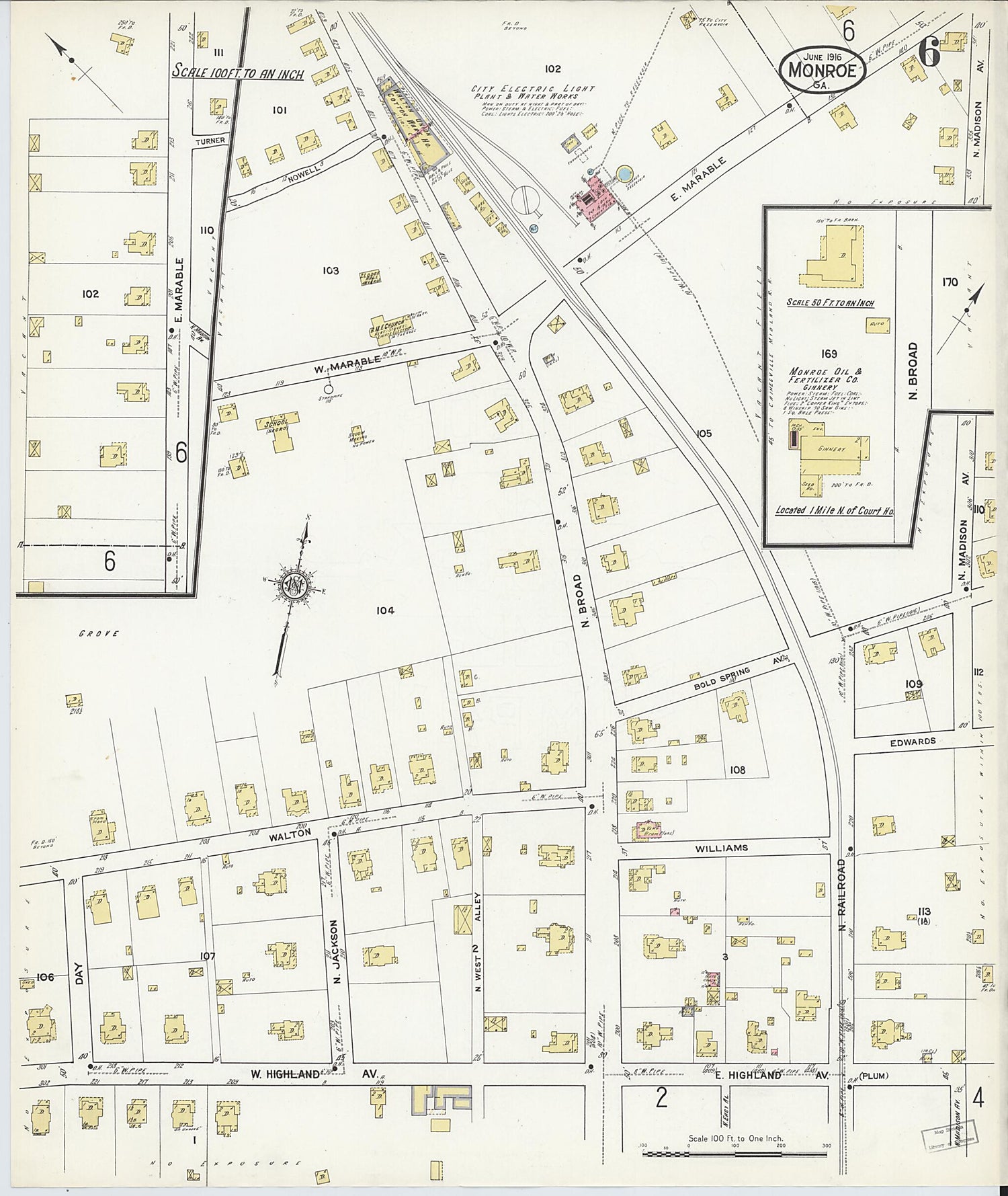 This old map of Monroe, Walton County, Georgia was created by Sanborn Map Company in 1916