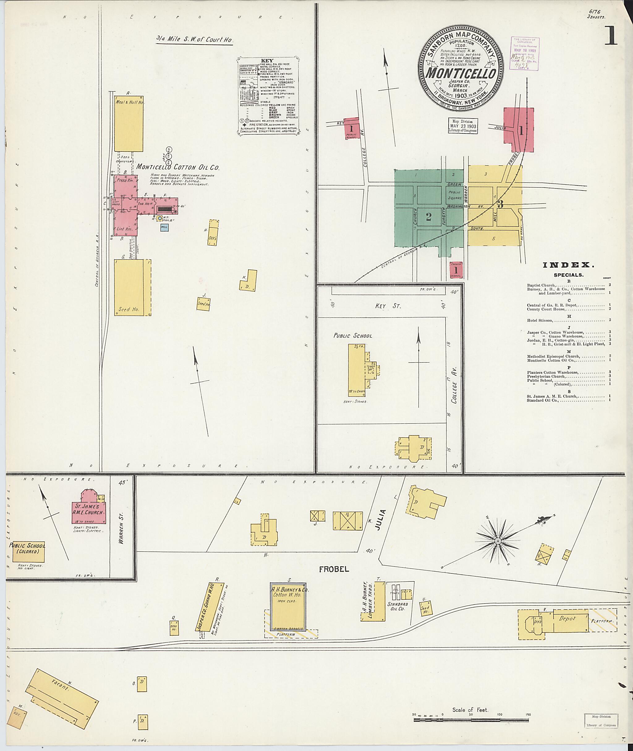 This old map of Monticello, Jasper County, Georgia was created by Sanborn Map Company in 1903