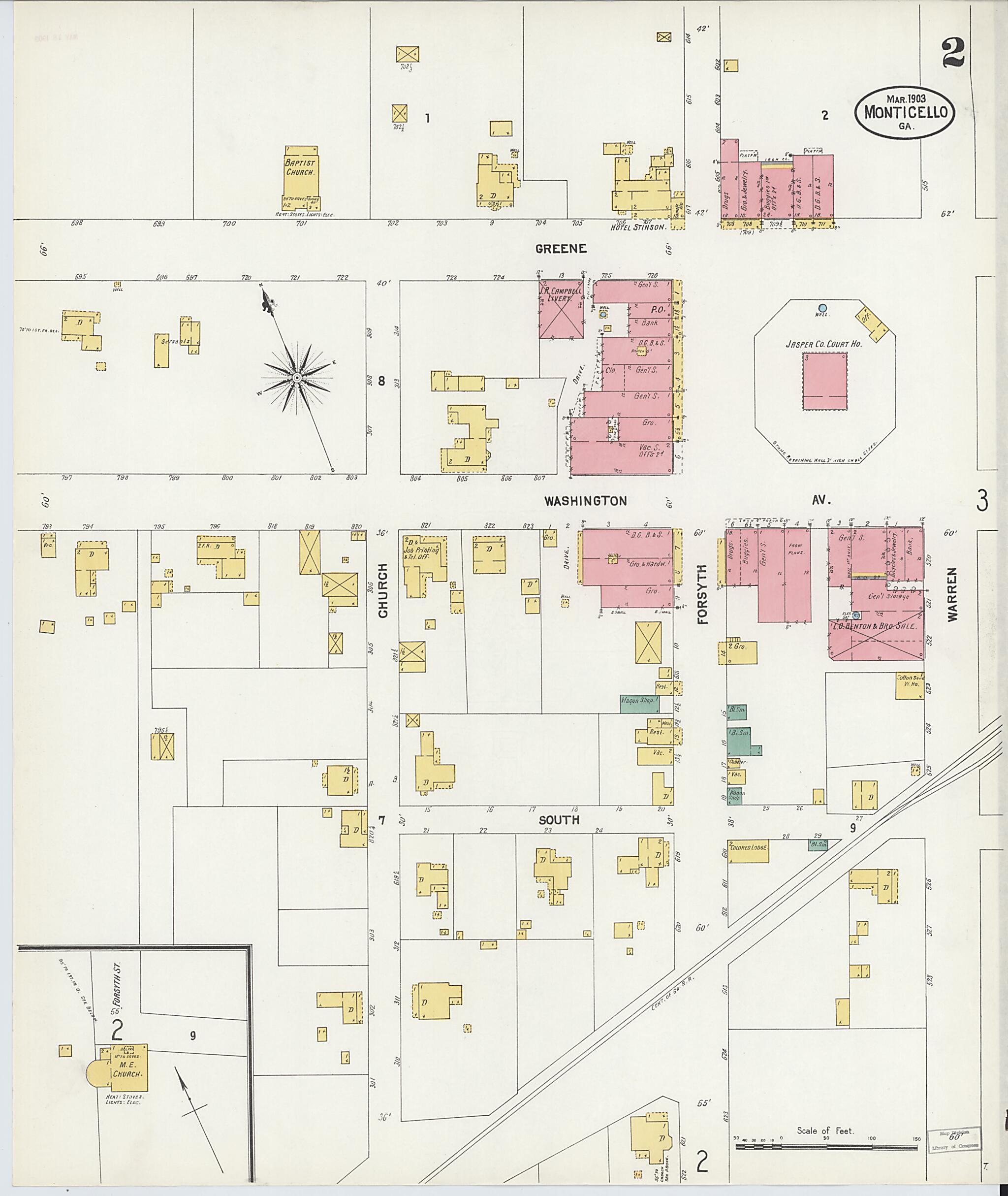 This old map of Monticello, Jasper County, Georgia was created by Sanborn Map Company in 1903