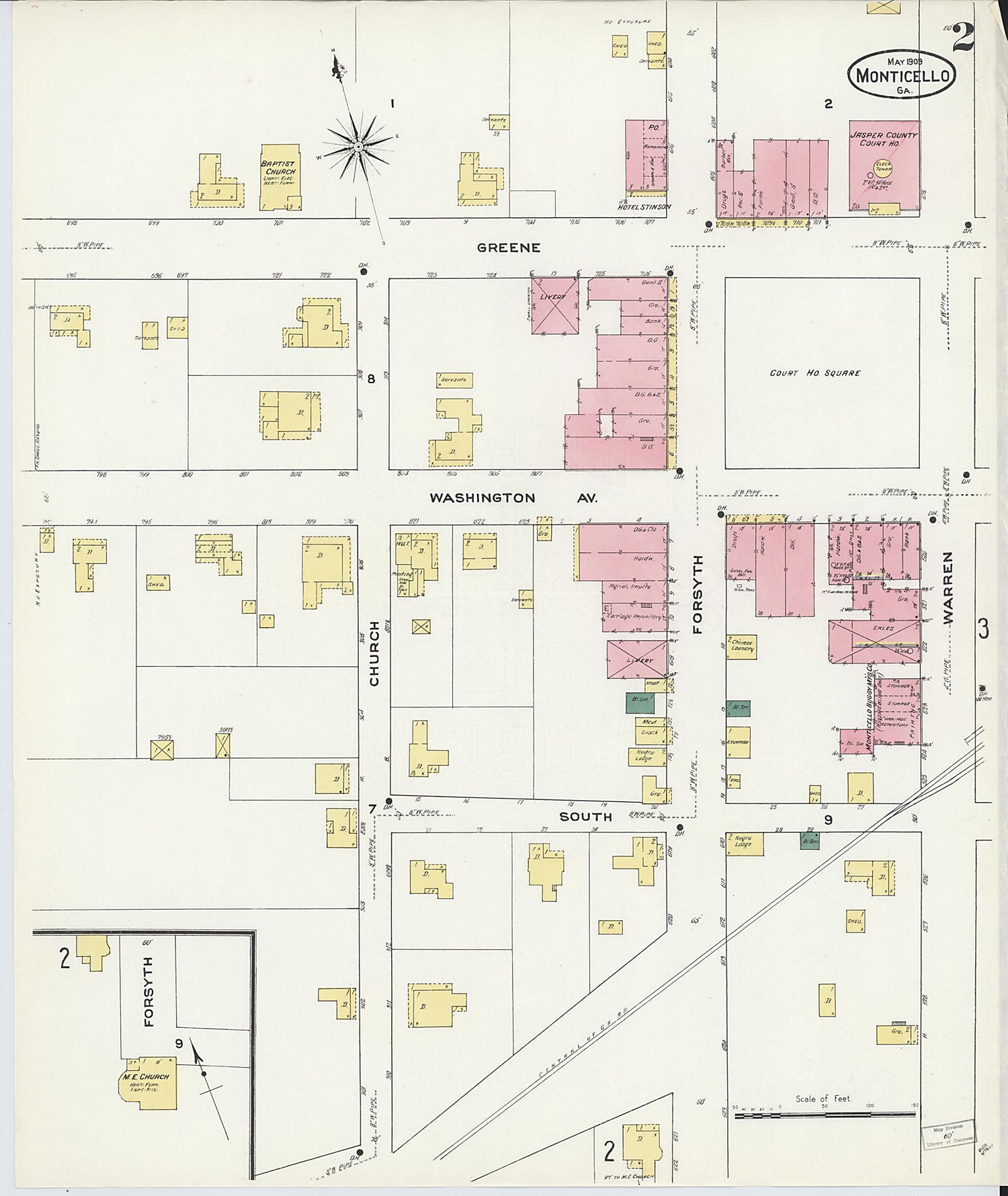 This old map of Monticello, Jasper County, Georgia was created by Sanborn Map Company in 1909