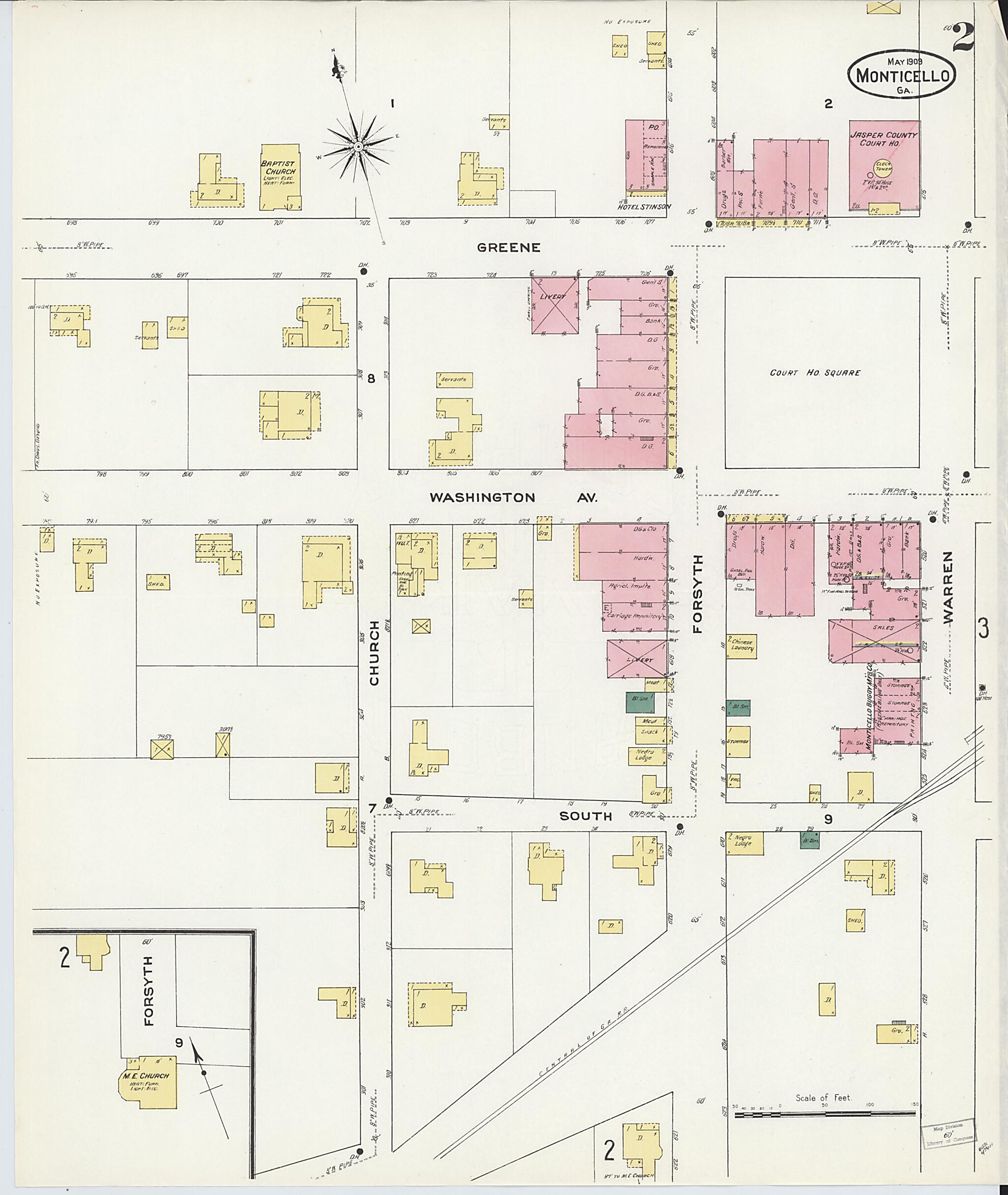 This old map of Monticello, Jasper County, Georgia was created by Sanborn Map Company in 1909