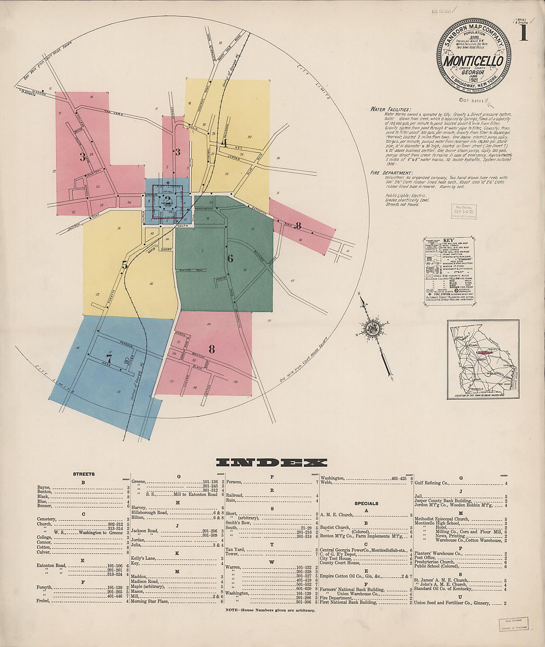 This old map of Monticello, Jasper County, Georgia was created by Sanborn Map Company in 1921