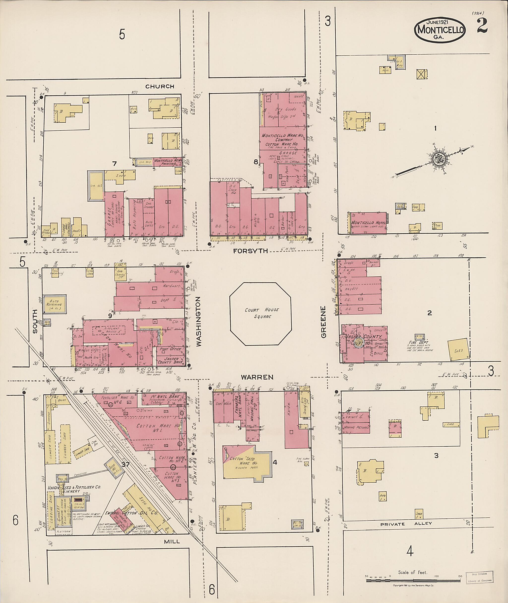 This old map of Monticello, Jasper County, Georgia was created by Sanborn Map Company in 1921