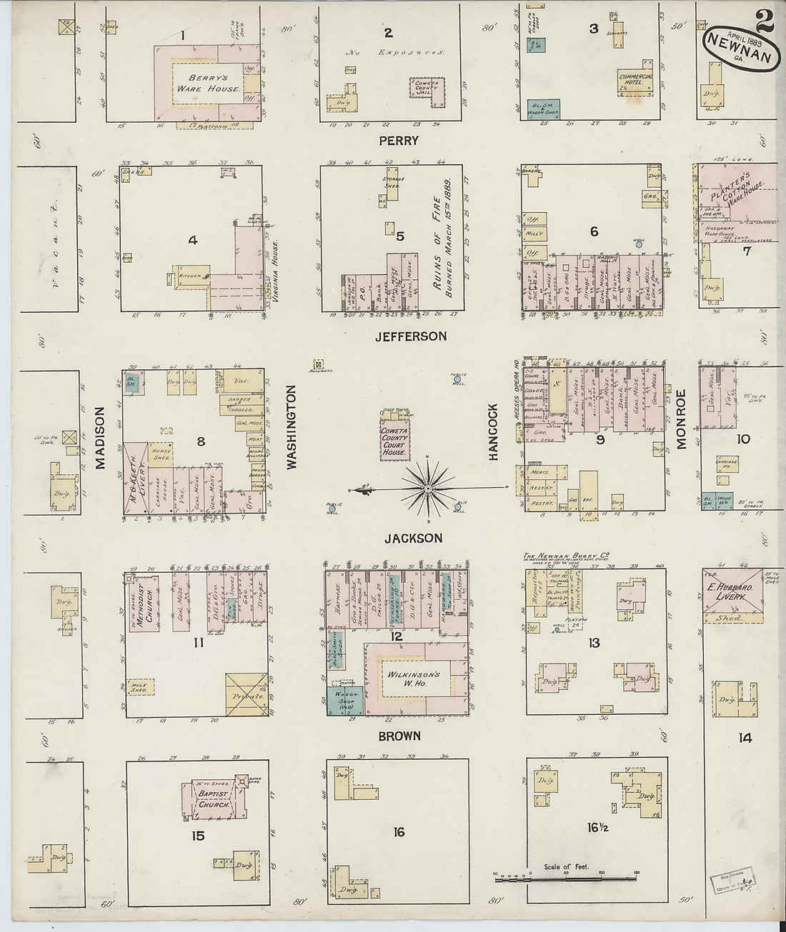 This old map of Newnan, Coweta County, Georgia was created by Sanborn Map Company in 1889