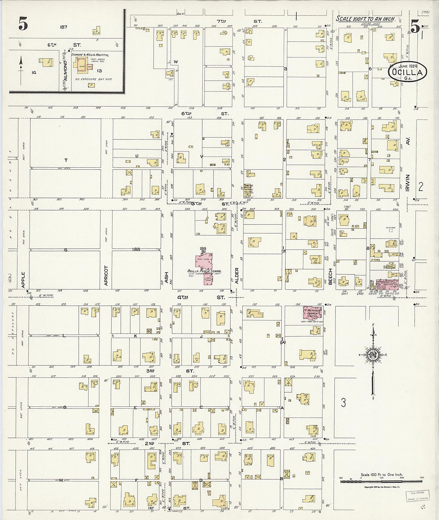 This old map of Ocilla, Irwin County, Georgia was created by Sanborn Map Company in 1924