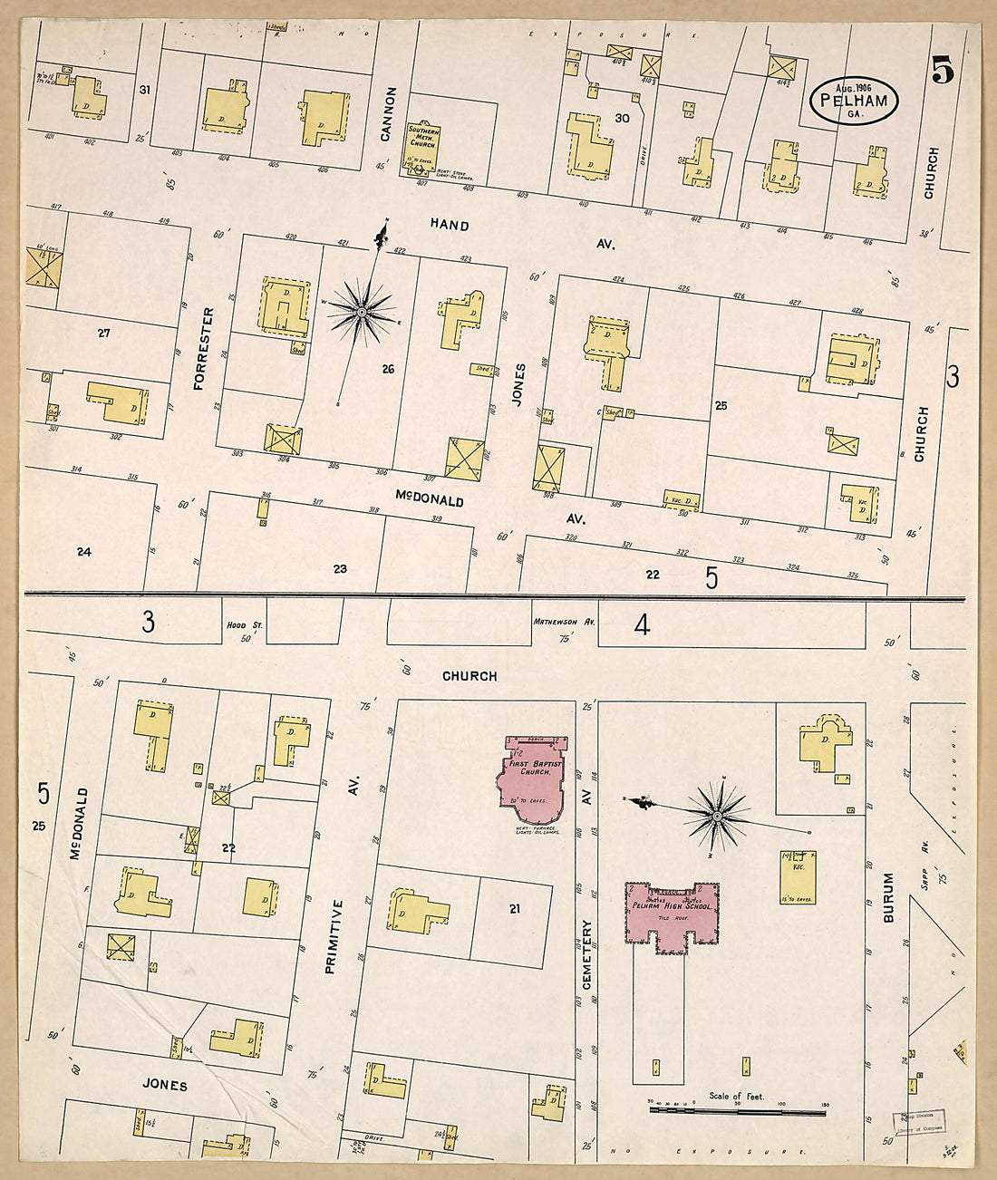 This old map of Pelham, Mitchell County, Georgia was created by Sanborn Map Company in 1906