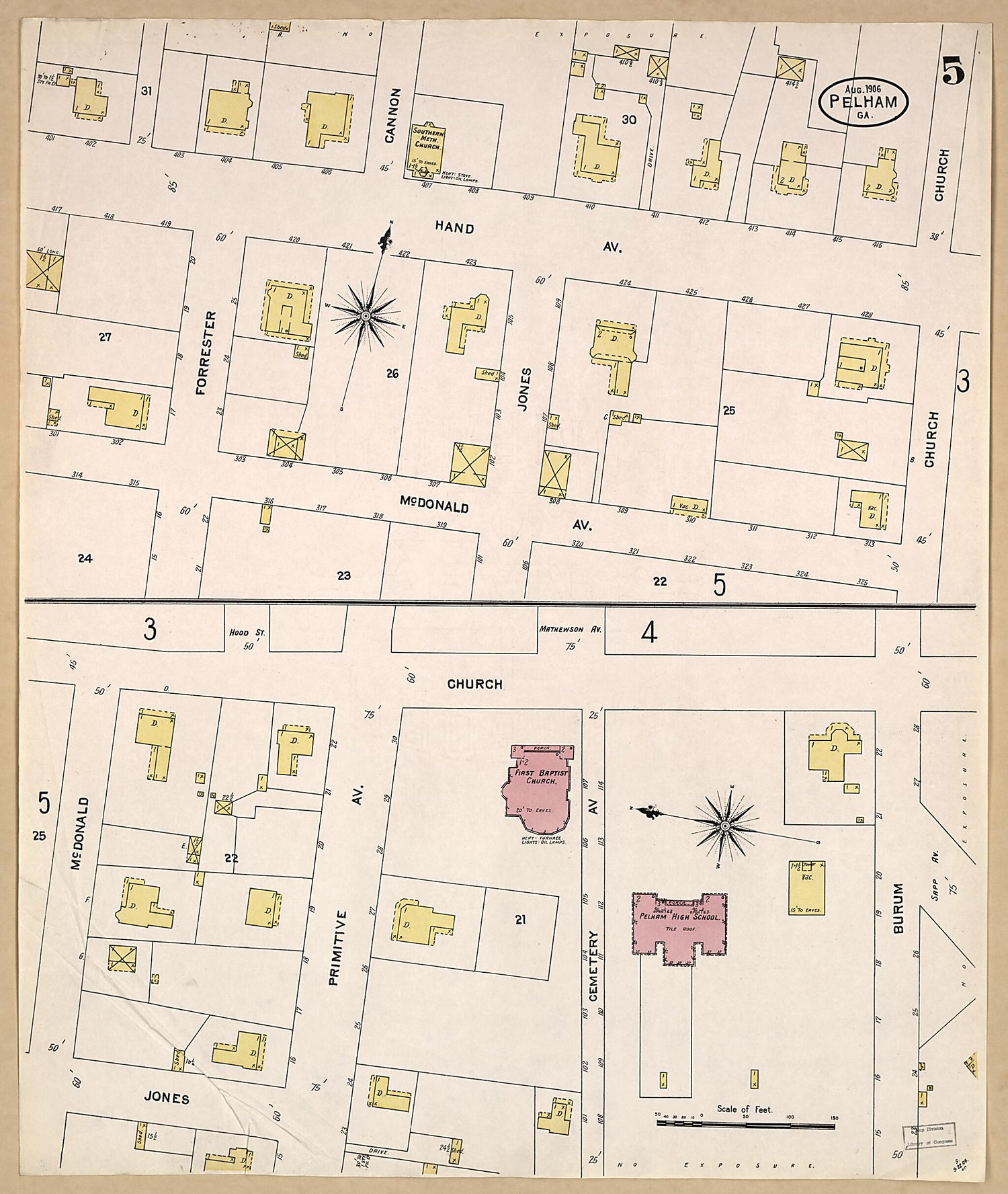 This old map of Pelham, Mitchell County, Georgia was created by Sanborn Map Company in 1906