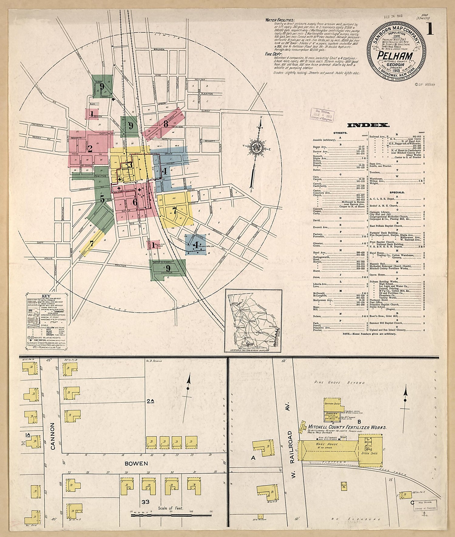 This old map of Pelham, Mitchell County, Georgia was created by Sanborn Map Company in 1913