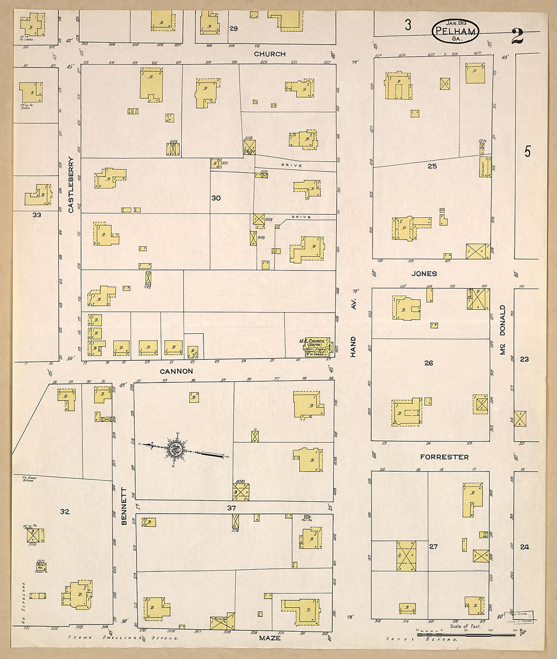 This old map of Pelham, Mitchell County, Georgia was created by Sanborn Map Company in 1913