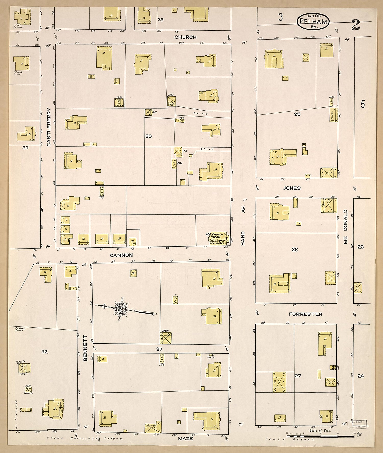 This old map of Pelham, Mitchell County, Georgia was created by Sanborn Map Company in 1913