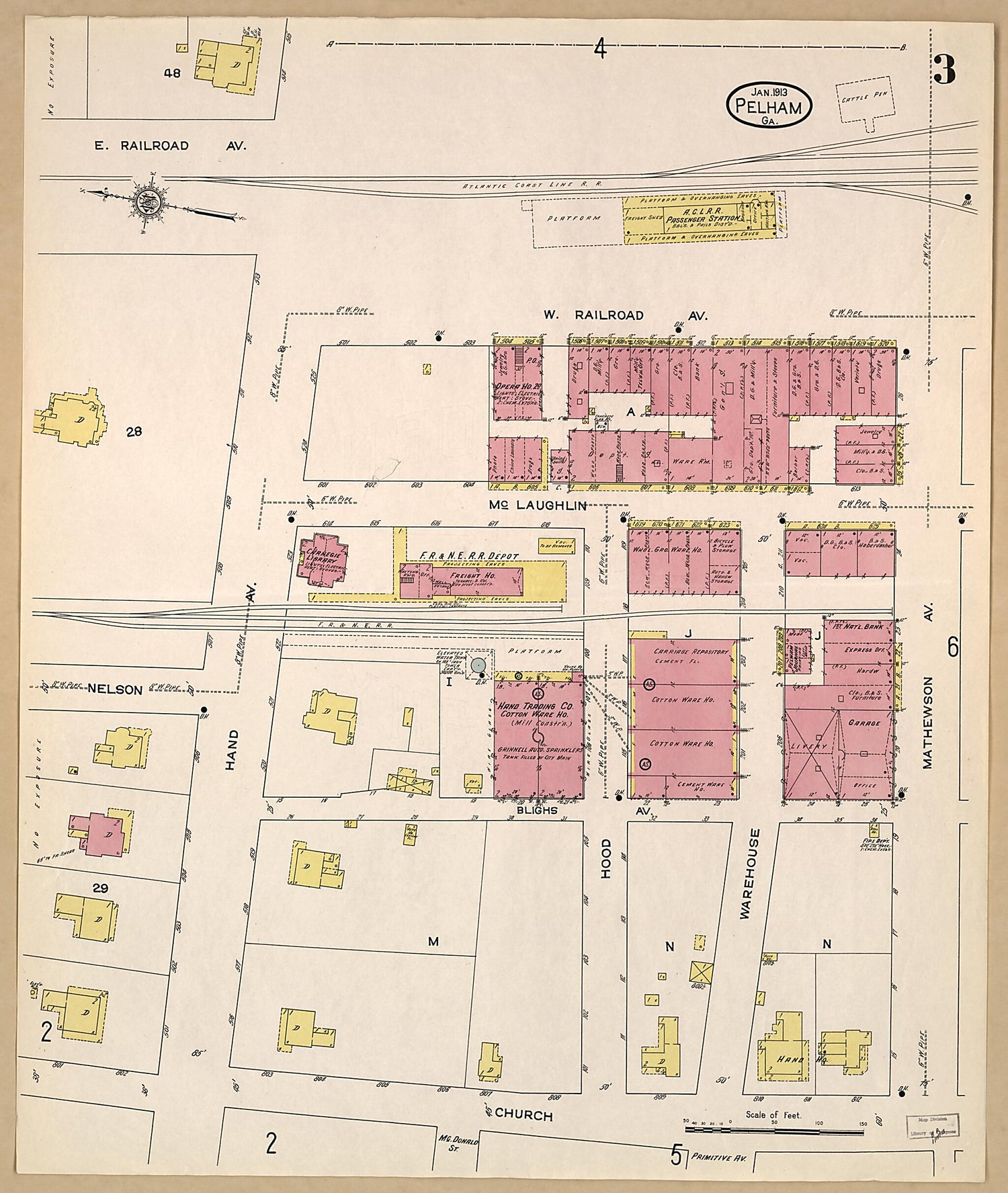 This old map of Pelham, Mitchell County, Georgia was created by Sanborn Map Company in 1913