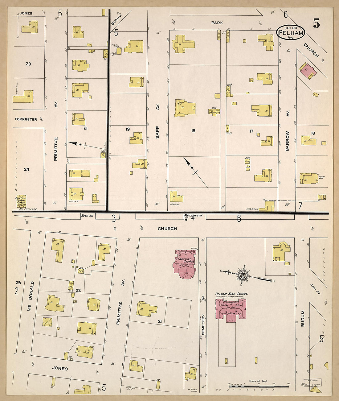 This old map of Pelham, Mitchell County, Georgia was created by Sanborn Map Company in 1913