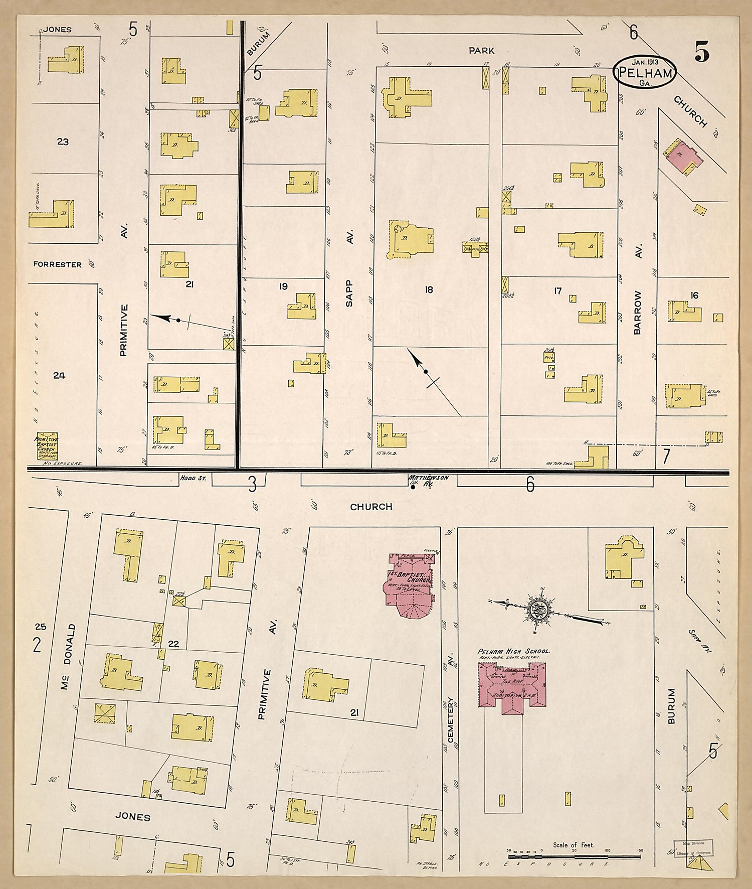 This old map of Pelham, Mitchell County, Georgia was created by Sanborn Map Company in 1913
