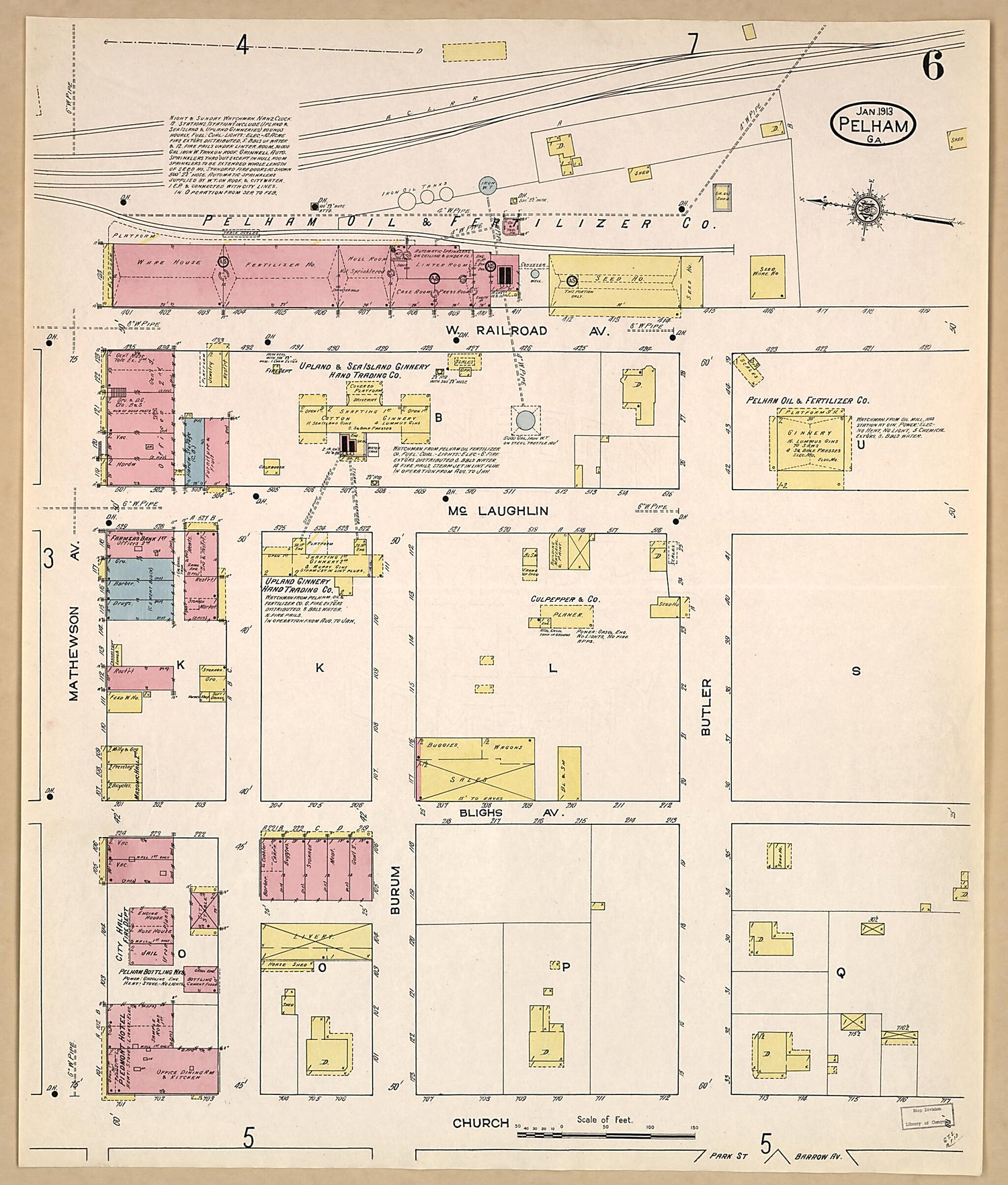 This old map of Pelham, Mitchell County, Georgia was created by Sanborn Map Company in 1913