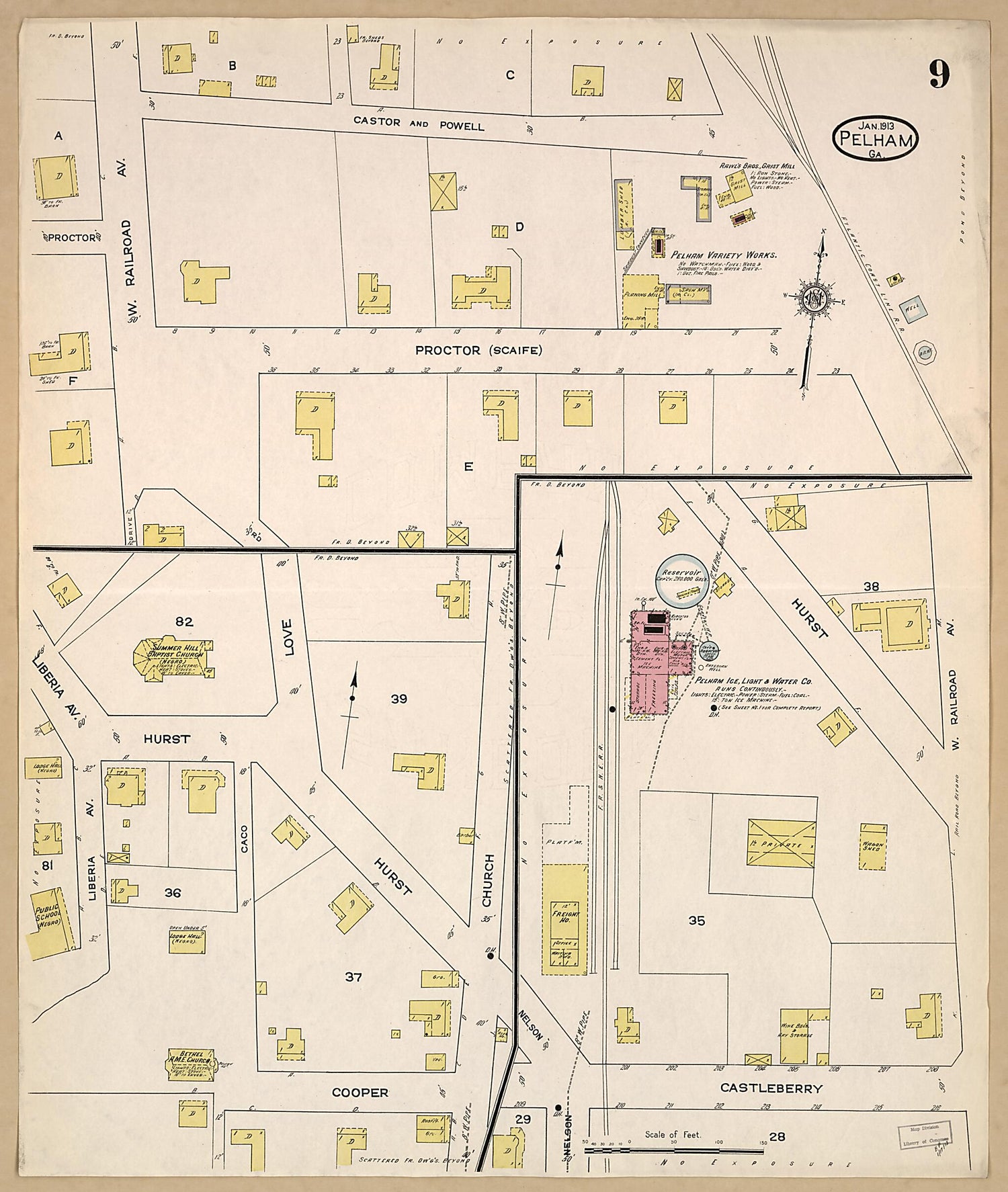 This old map of Pelham, Mitchell County, Georgia was created by Sanborn Map Company in 1913