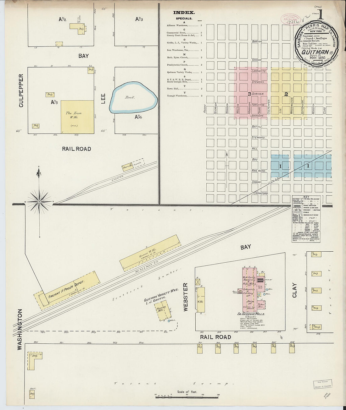 This old map of Quitman, Brooks County, Georgia was created by Sanborn Map Company in 1890
