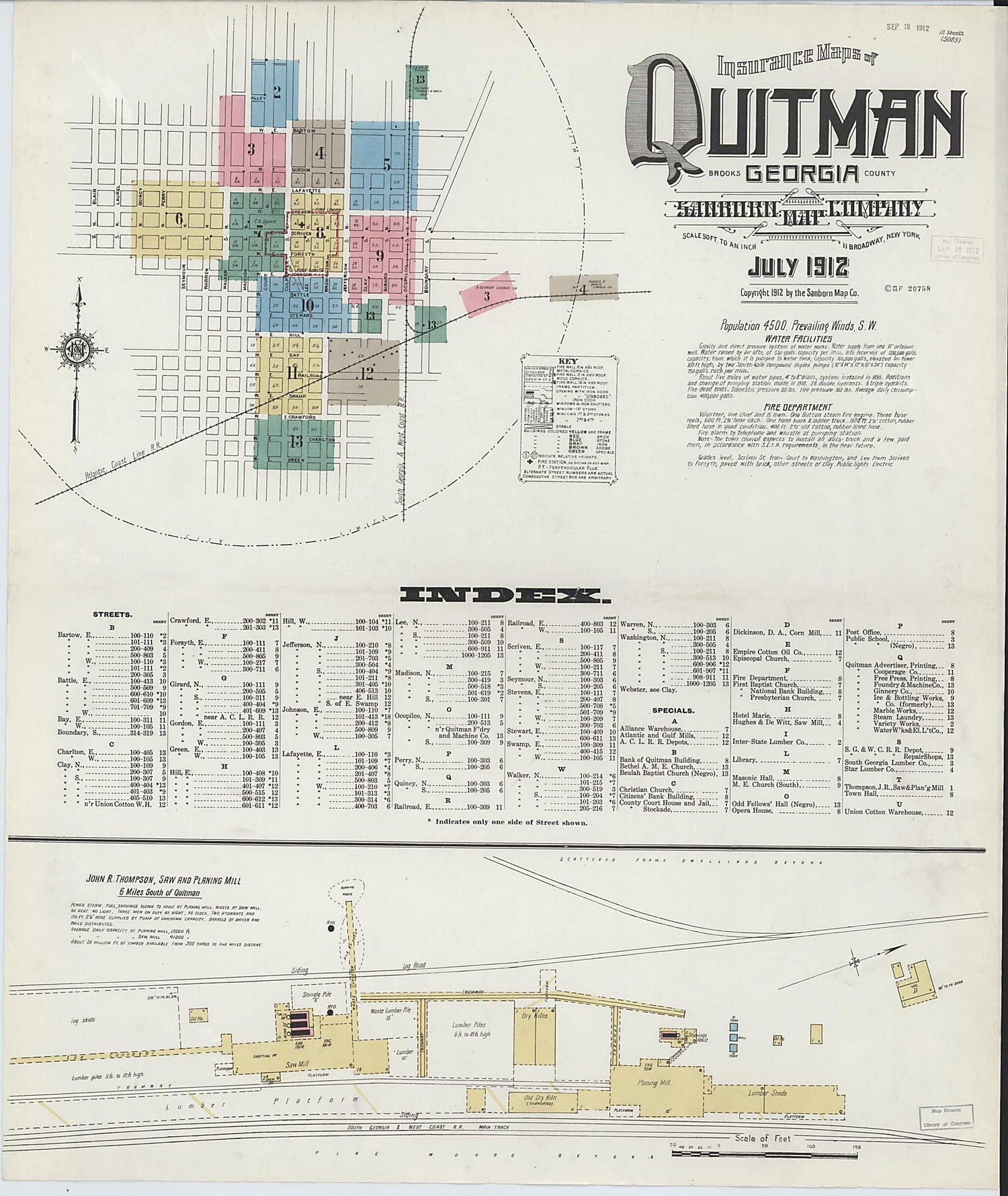 This old map of Quitman, Brooks County, Georgia was created by Sanborn Map Company in 1912
