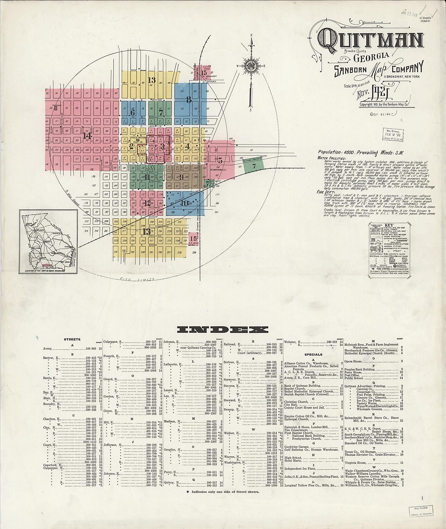 This old map of Quitman, Brooks County, Georgia was created by Sanborn Map Company in 1921
