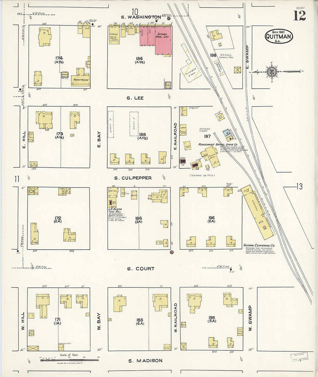 This old map of Quitman, Brooks County, Georgia was created by Sanborn Map Company in 1921