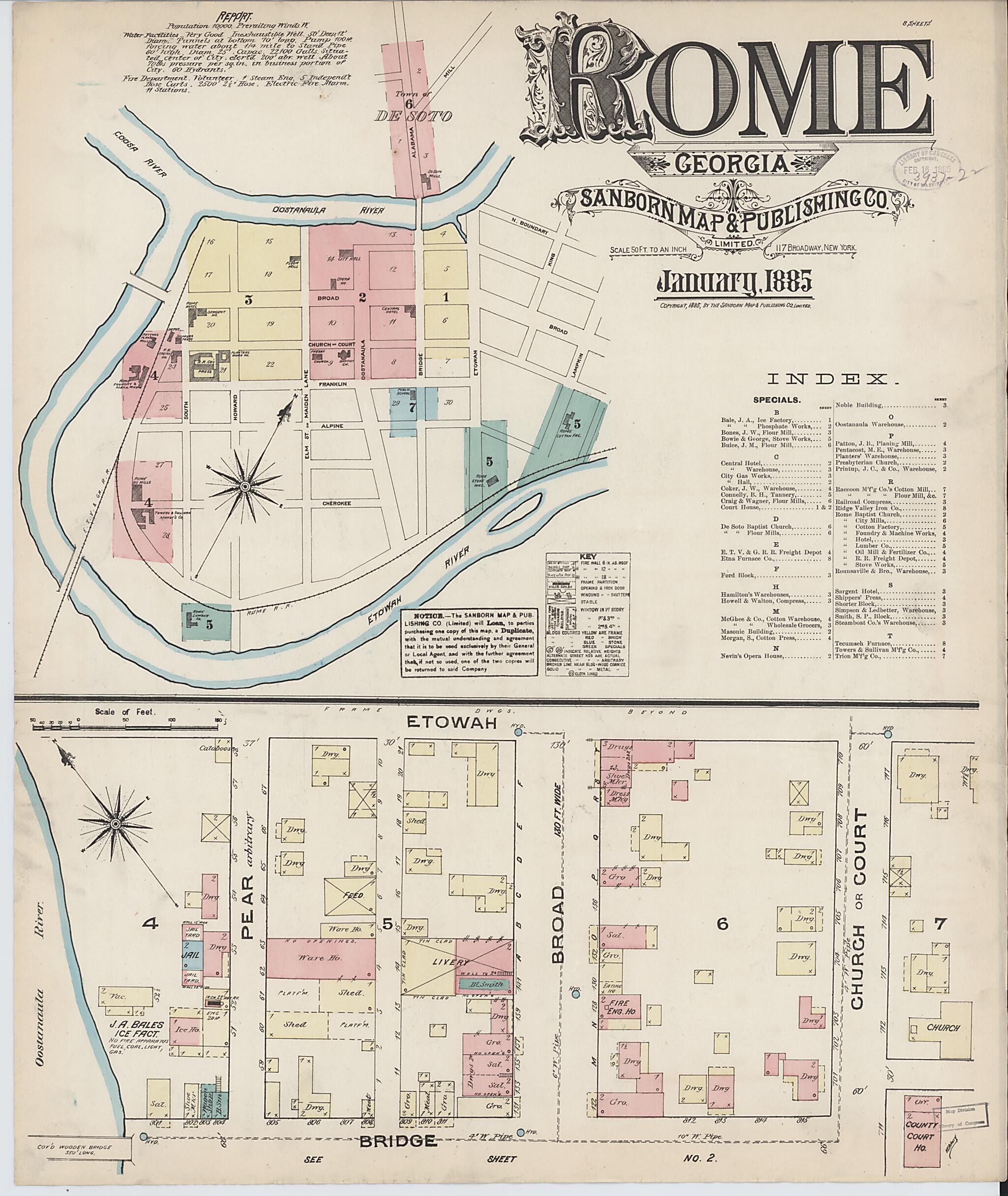 This old map of Rome, Floyd County, Georgia was created by Sanborn Map Company in 1885
