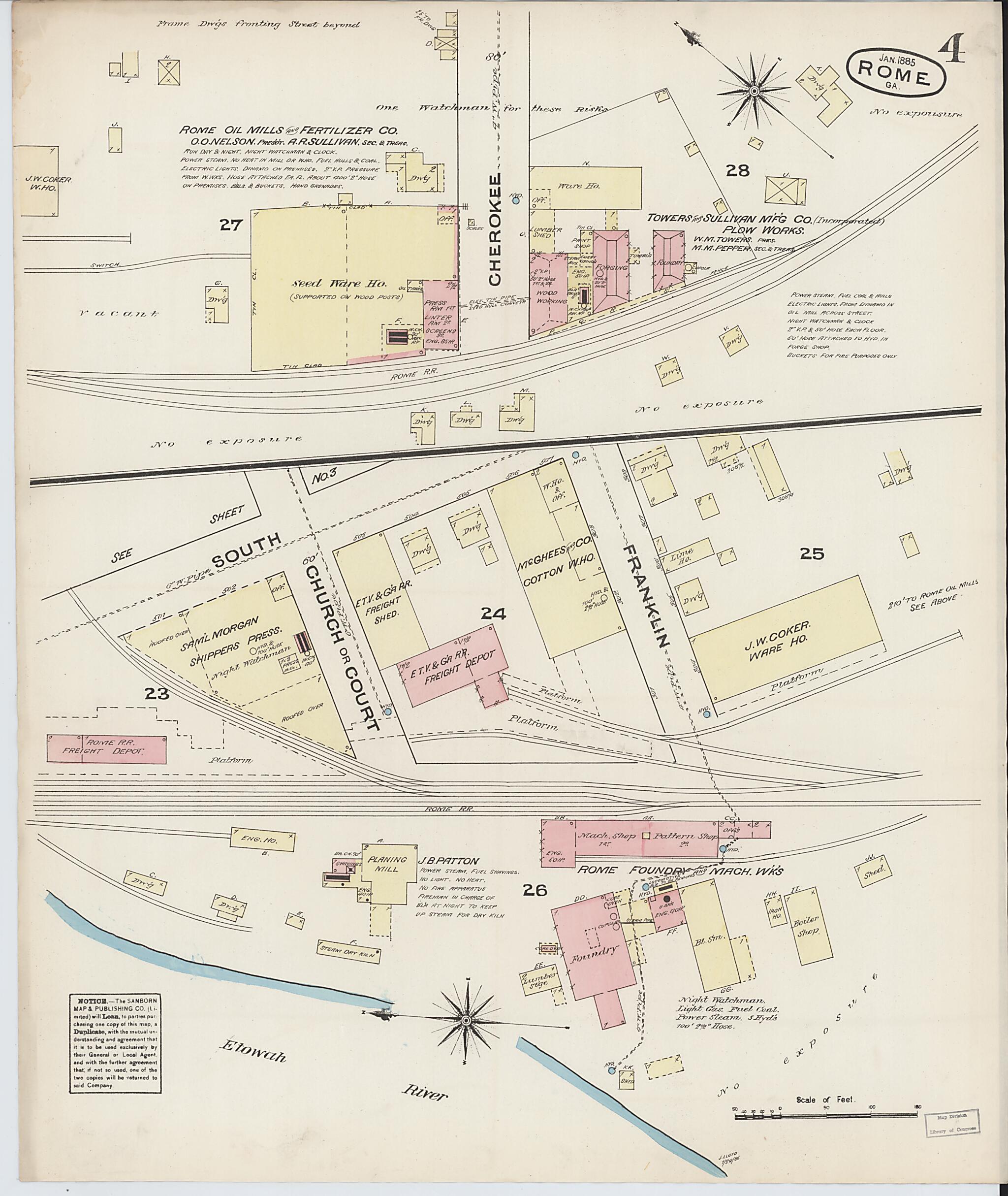 This old map of Rome, Floyd County, Georgia was created by Sanborn Map Company in 1885