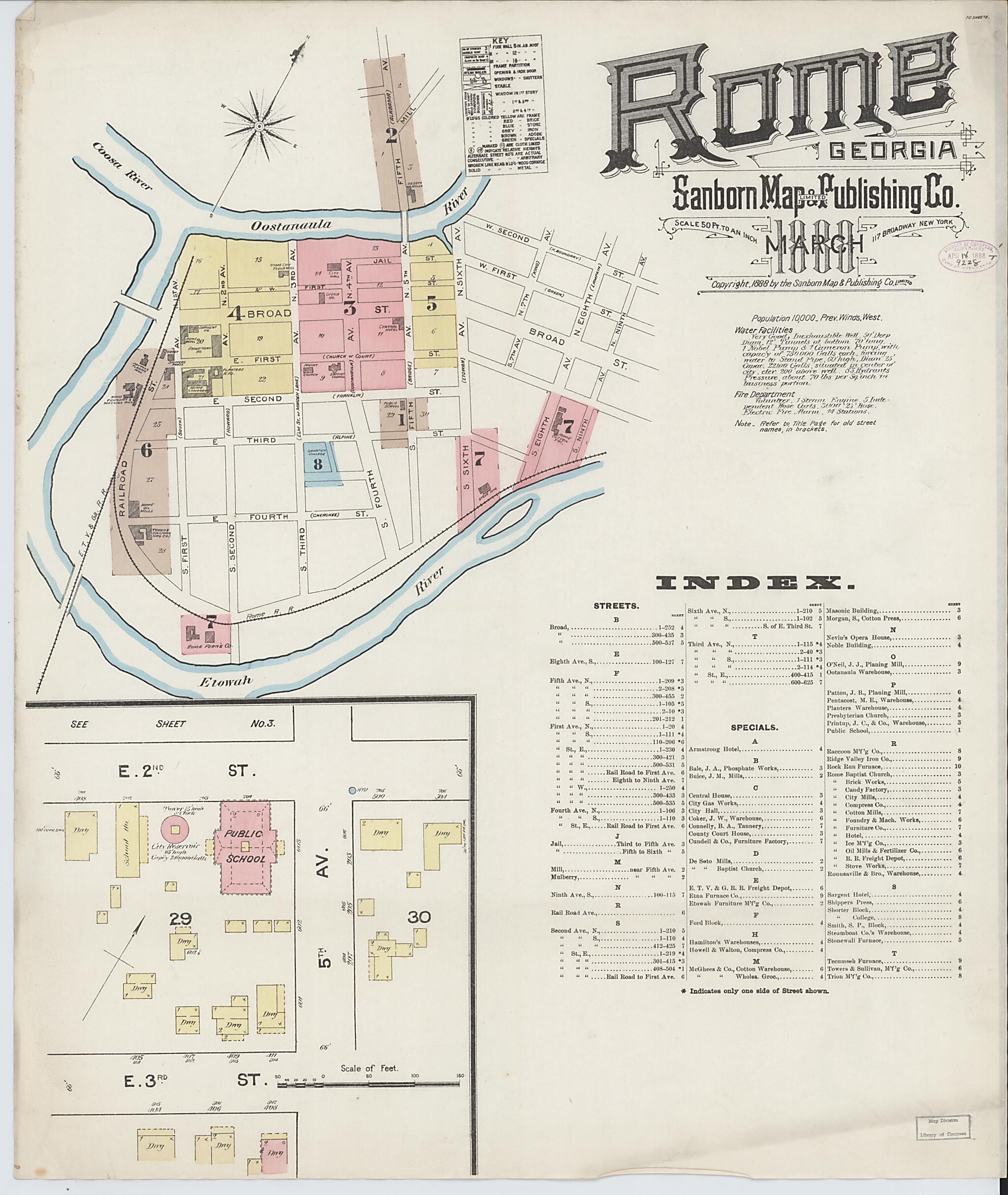 This old map of Rome, Floyd County, Georgia was created by Sanborn Map Company in 1888