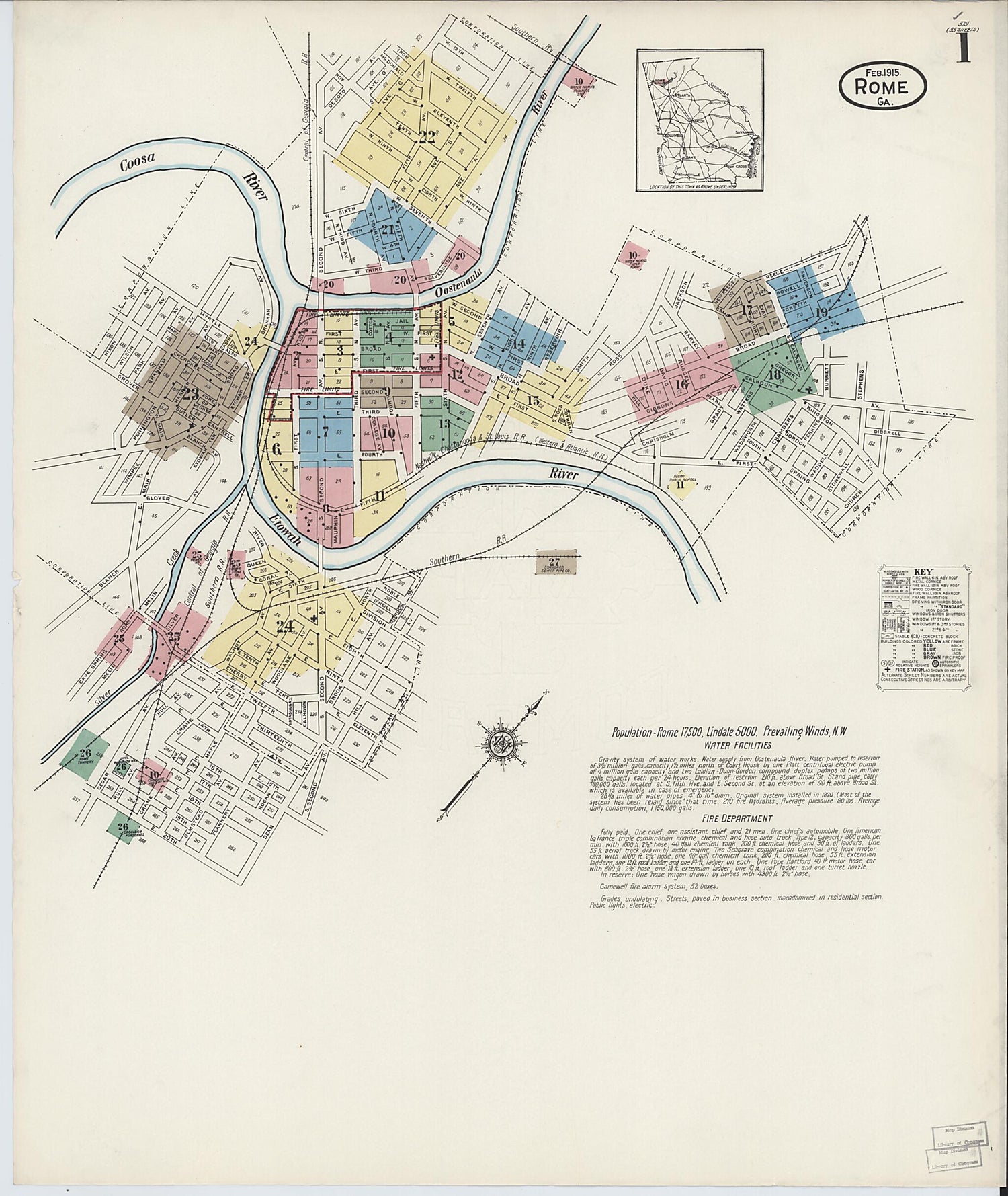 This old map of Rome, Floyd County, Georgia was created by Sanborn Map Company in 1915