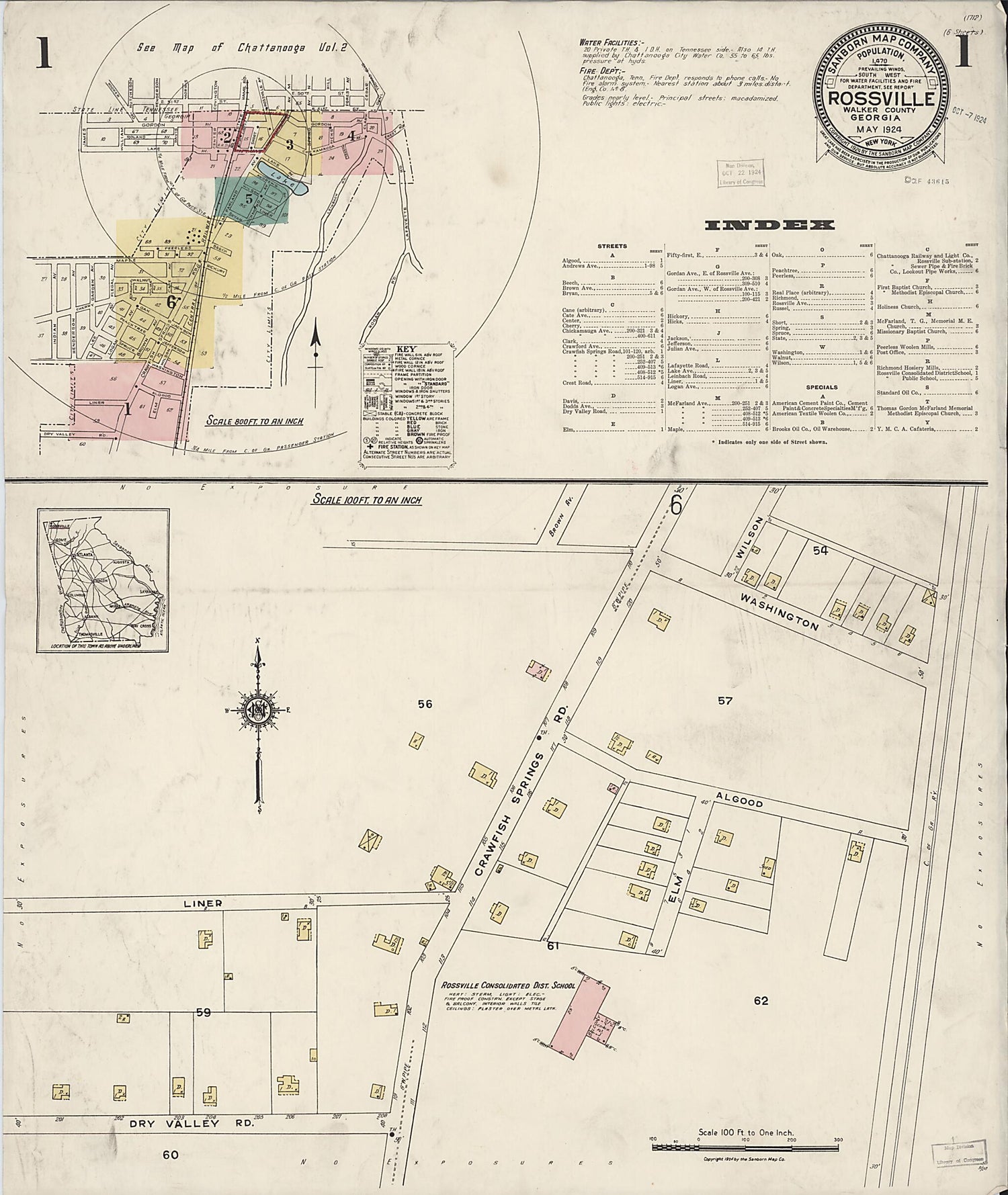 This old map of Rossville, Walker County, Georgia was created by Sanborn Map Company in 1924