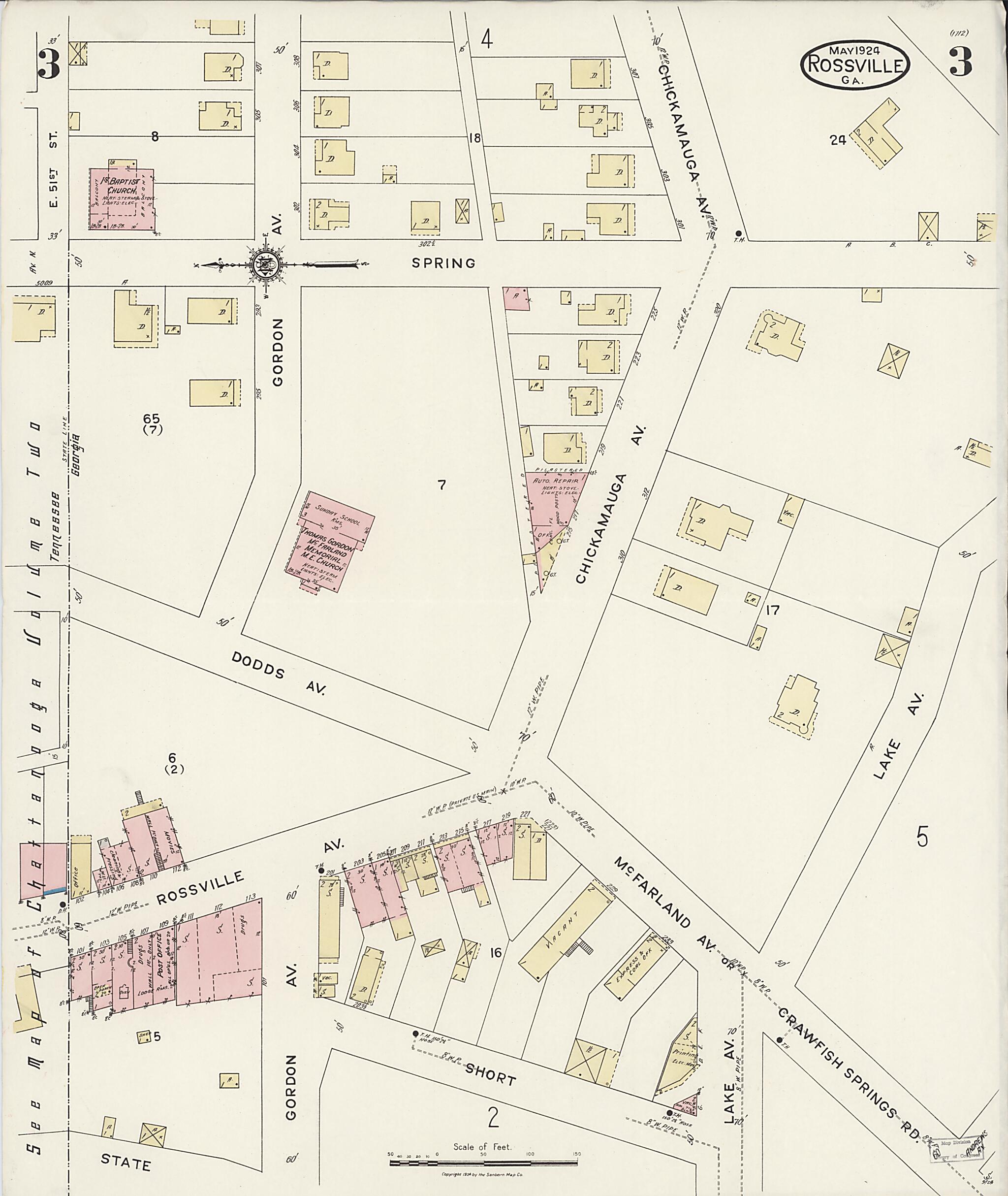 This old map of Rossville, Walker County, Georgia was created by Sanborn Map Company in 1924