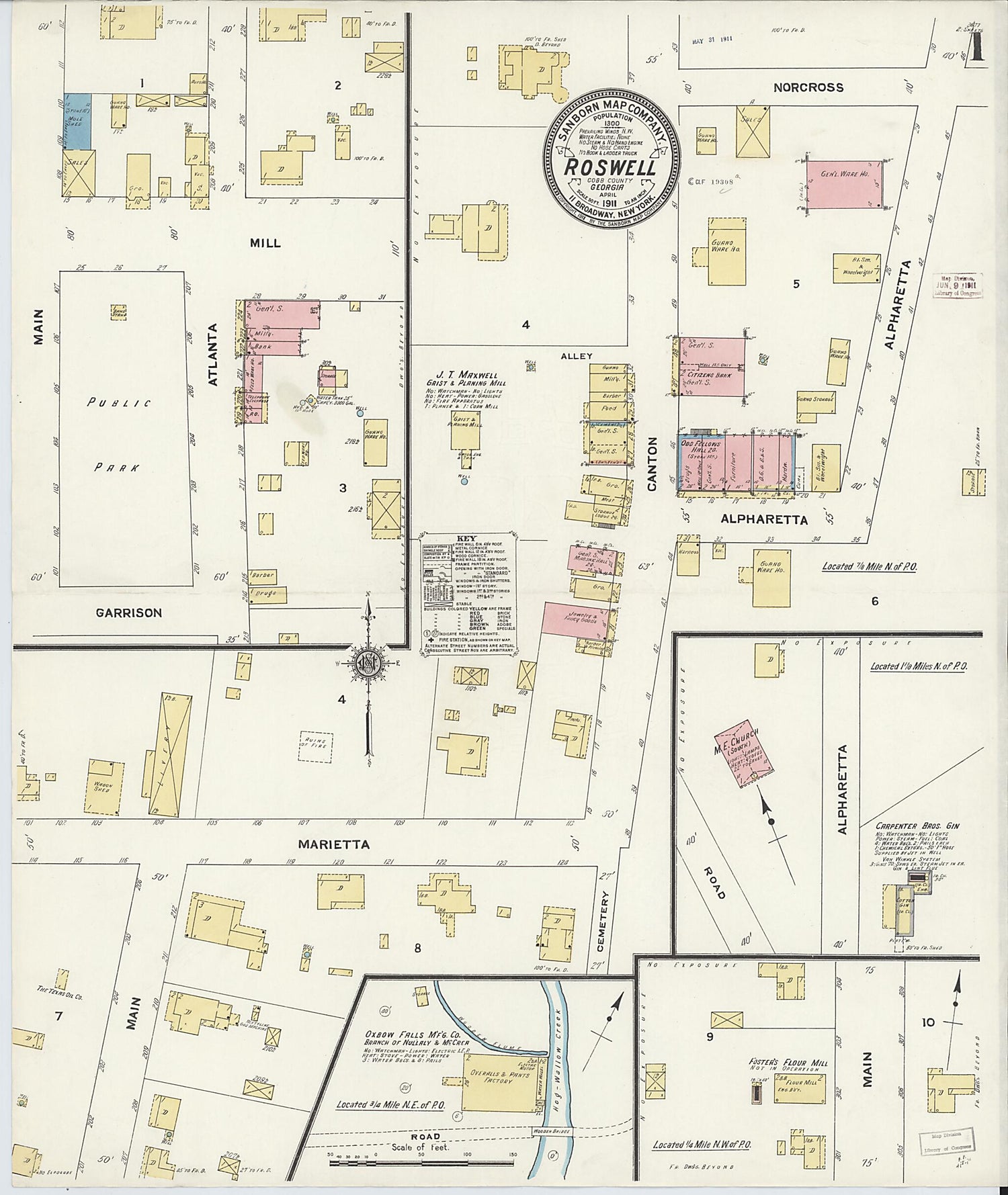 This old map of Roswell, Fulton County, Georgia was created by Sanborn Map Company in 1911