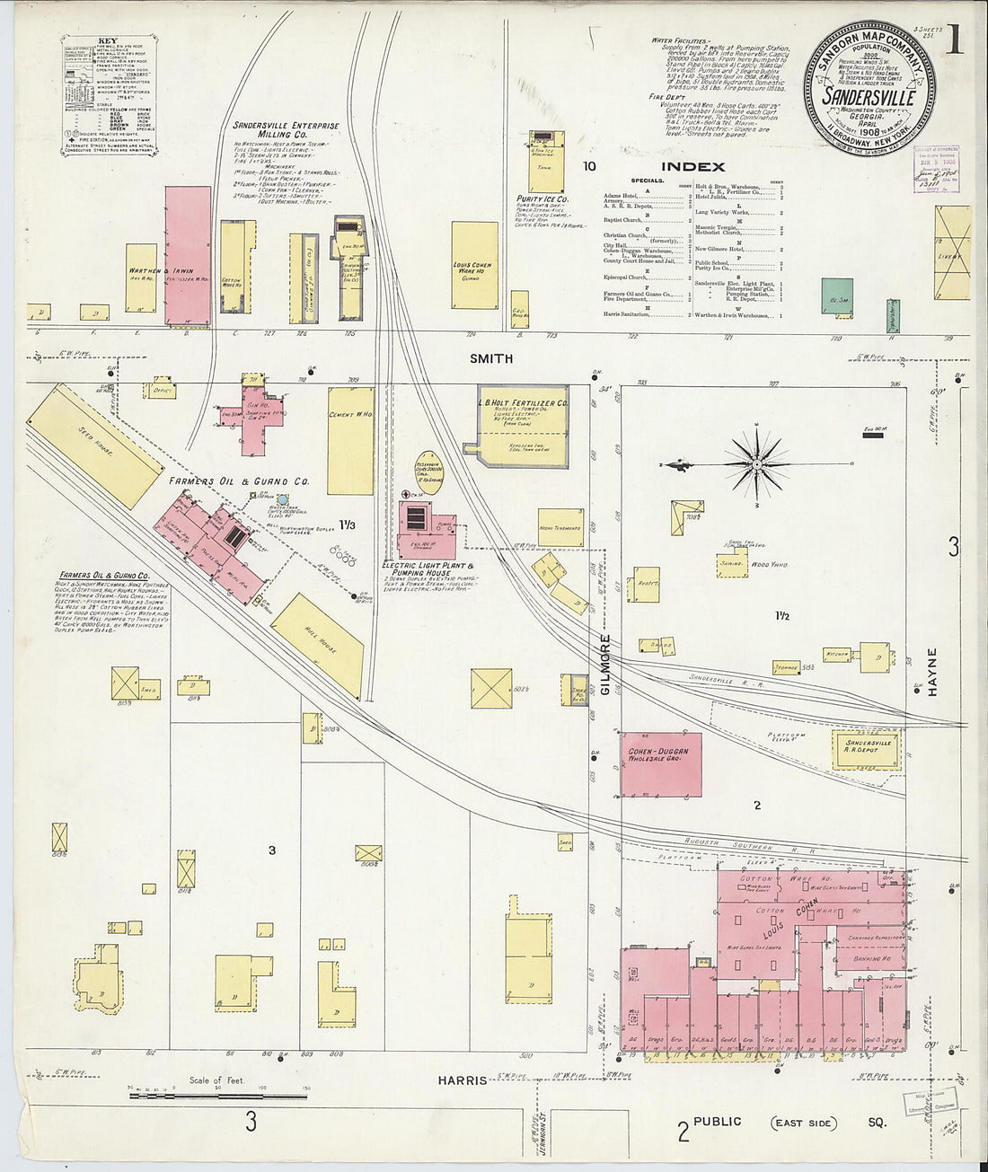 This old map of Sandersville, Washington County, Georgia was created by Sanborn Map Company in 1908