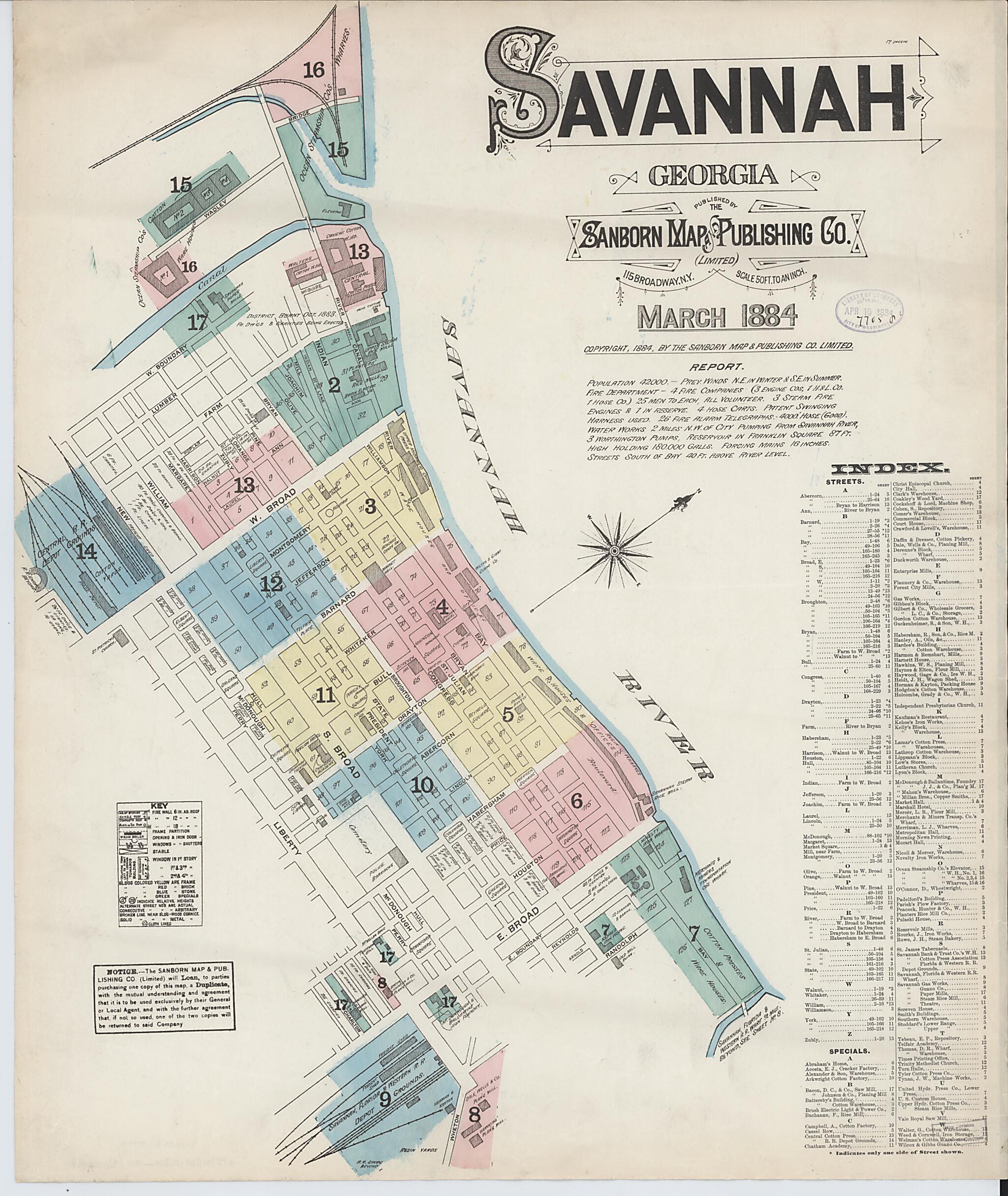 This old map of Savannah, Chatham County, Georgia was created by Sanborn Map Company in 1884