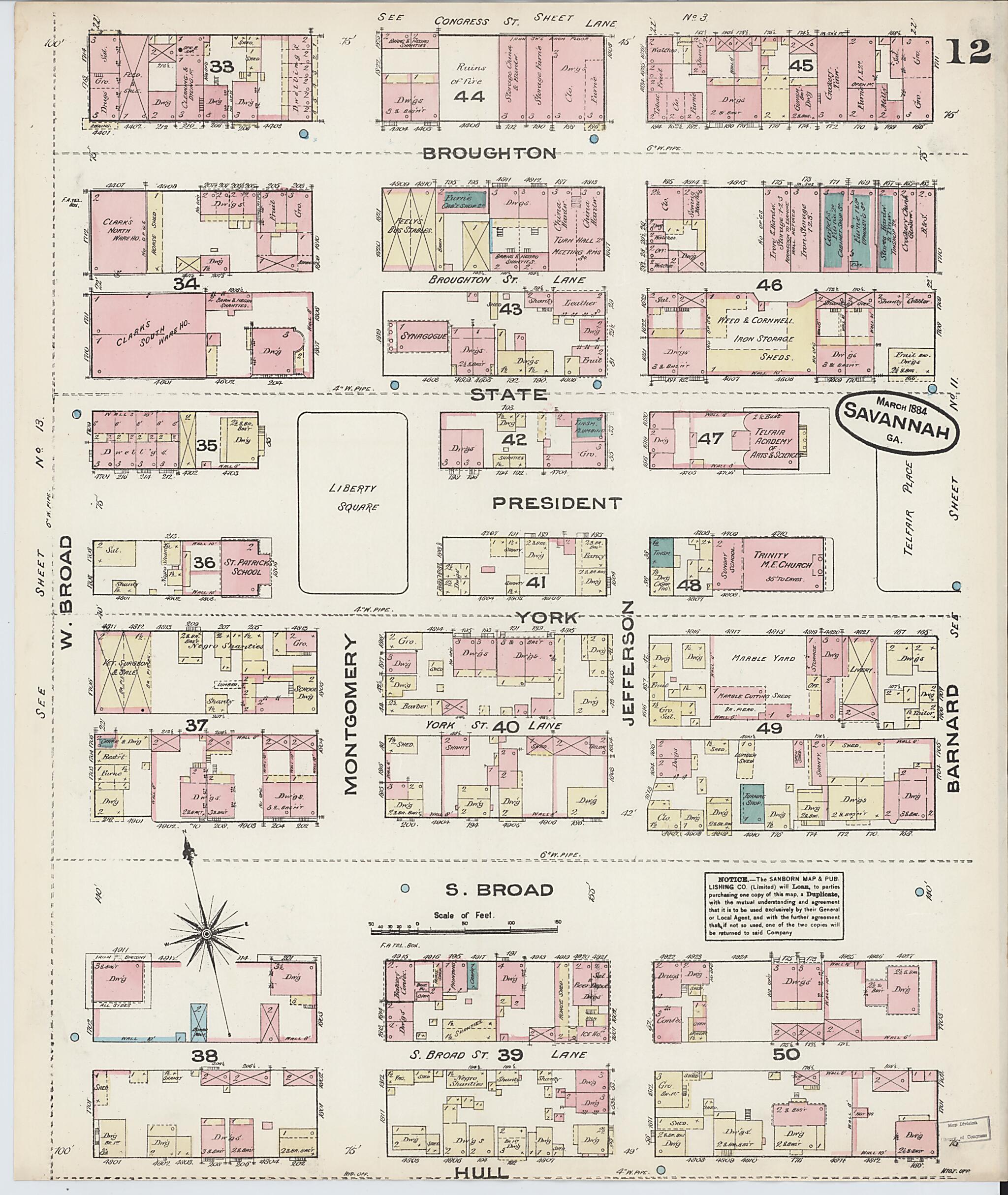 This old map of Savannah, Chatham County, Georgia was created by Sanborn Map Company in 1884