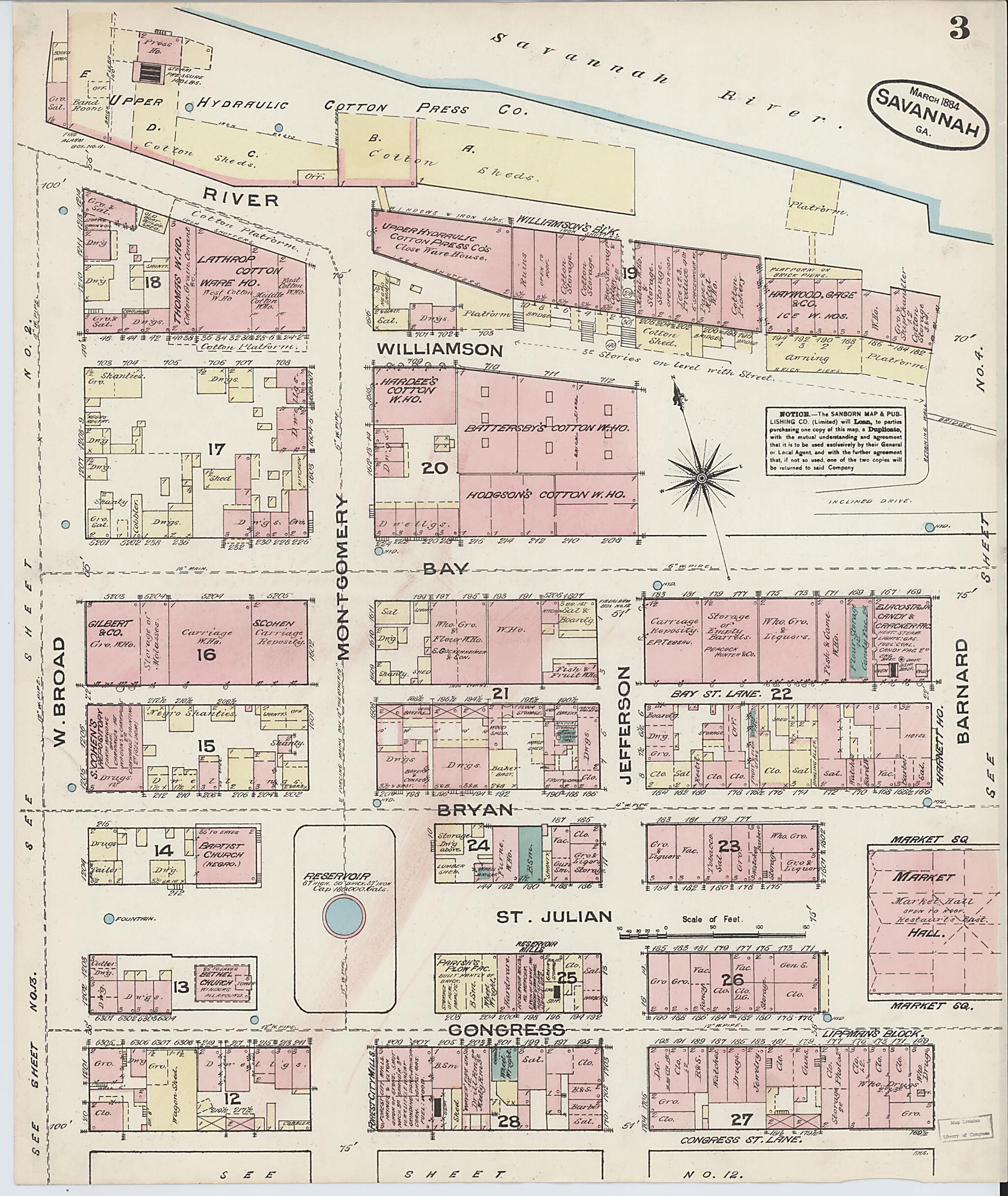 This old map of Savannah, Chatham County, Georgia was created by Sanborn Map Company in 1884