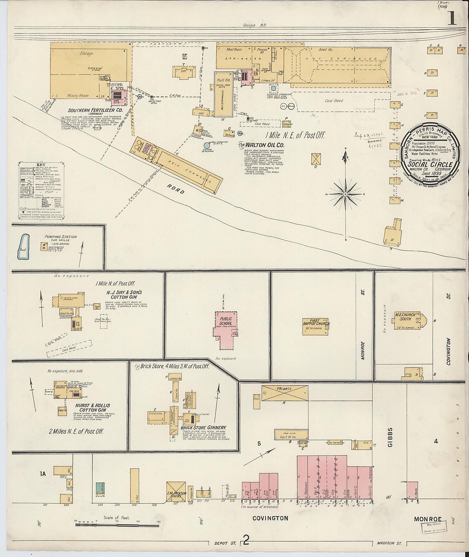 This old map of Social Circle, Walton County, Georgia was created by Sanborn Map Company in 1899