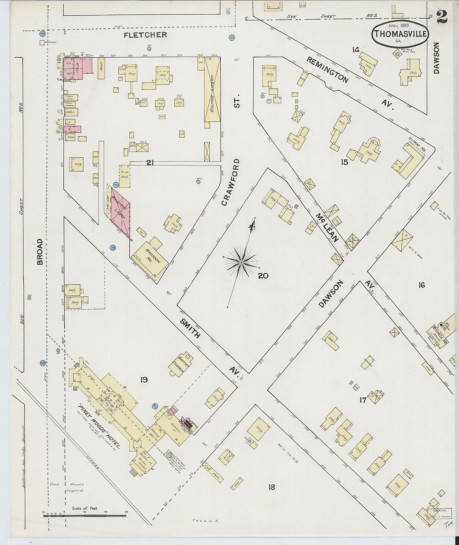 This old map of Thomasville, Thomas County, Georgia was created by Sanborn Map Company in 1889